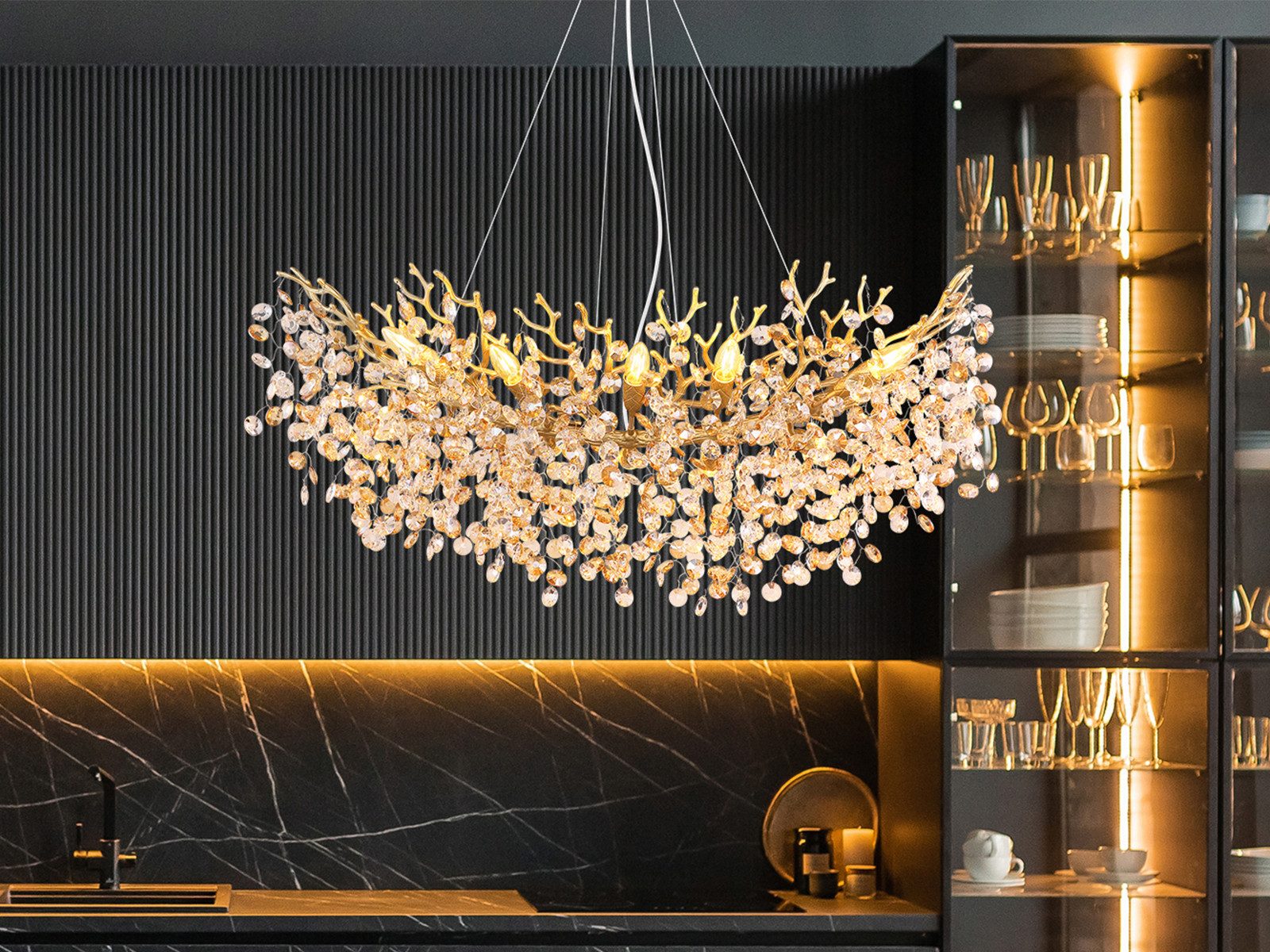 GLOBO LIGHTING LED Kronleuchter mit Kristall 2-farbig Breite 110cm, Dimmfunktion, LED wechselbar, Warmweiß, ausgefallene Pendelleuchte groß für Esstisch, Esszimmer-Lampe hängend