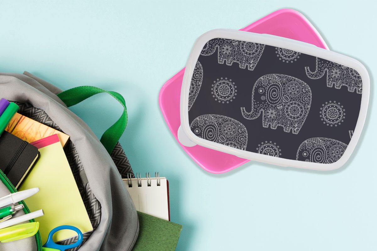 - Lunchbox (2-tlg), Brotbox MuchoWow Erwachsene, rosa Muster Kunststoff Kunststoff, Elefant - Mädchen, Blumen, für Kinder, Snackbox, Brotdose