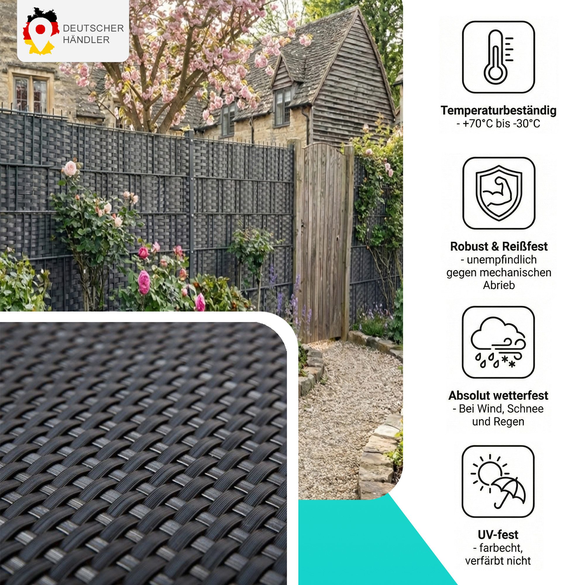 NYVI Sichtschutzstreifen Sichtschutzstreifen Privafence 255x19 cm für Zaun, (1-St), Polyrattan 3D Optik, Wetterfest, Reißfest