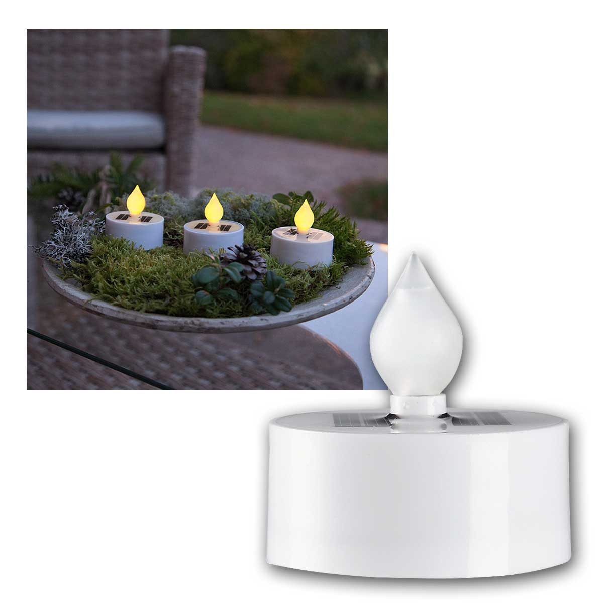 STAR TRADING LED-Kerze 3er Set Solar-Teelichter "Saul" mit Lichtsensor, warmweiß