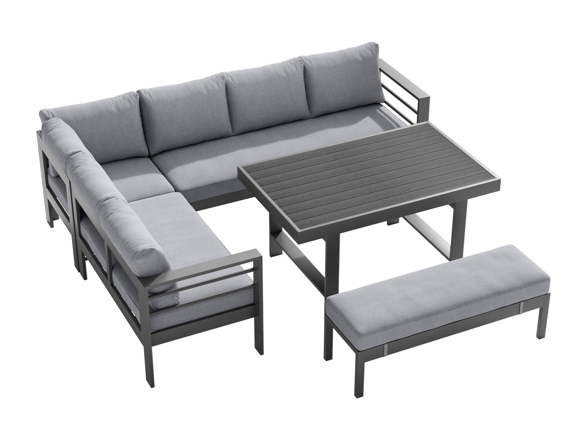 MeXo Gartenlounge-Set Aluminium Gartenmöbel Eck, (L-Form Sofa links, 5-tlg., XXL Terrassenmöbel Set mit Esstisch), Lounge Gartenmöbelset für 6-8 Personen