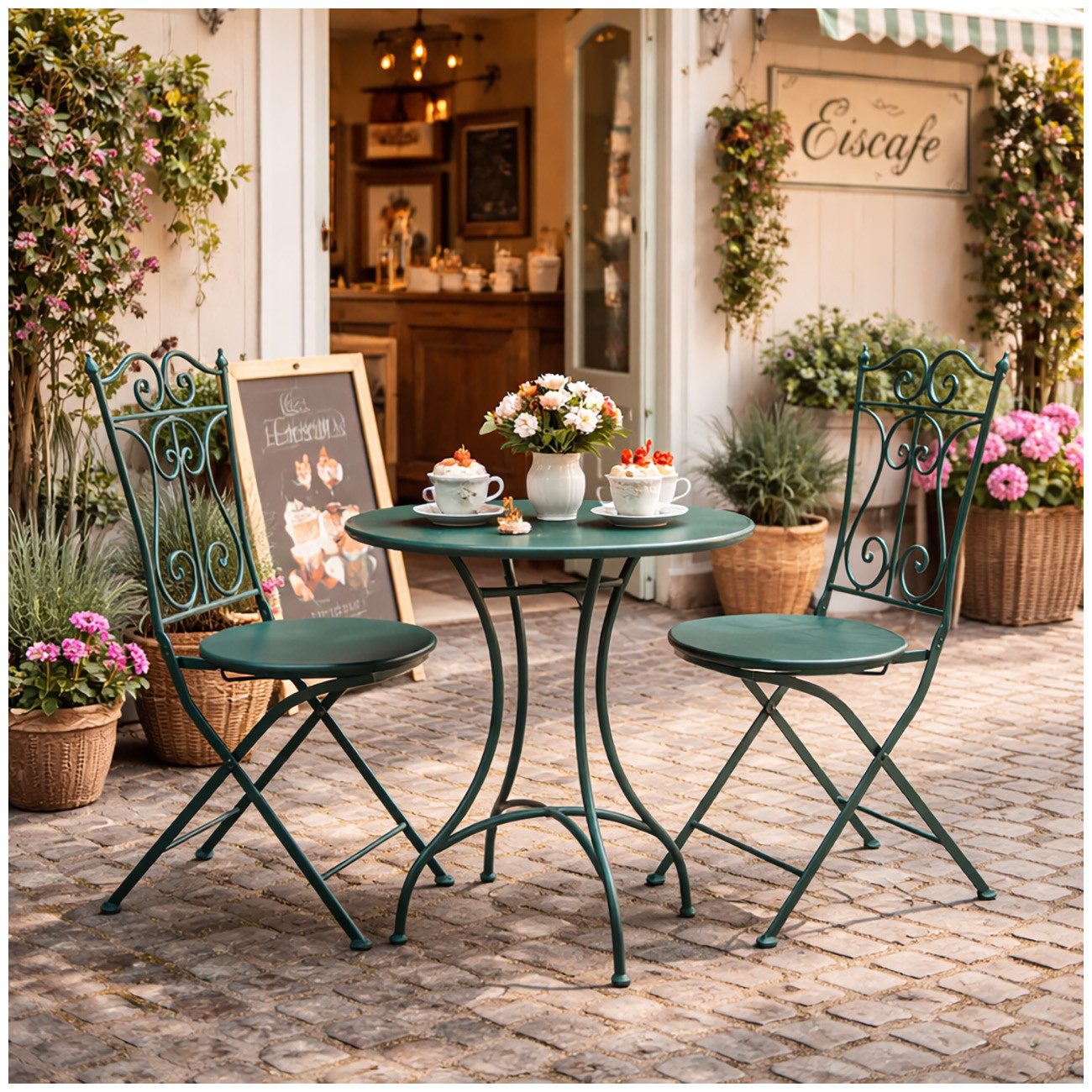 HTI-Living Garten-Essgruppe Sitzgruppe Metall grün Bistro Set Tisch und 2 Stühlen Balkon Terrasse, (Set, 3-tlg., 1 Tisch 2 Stühle), Sitzgruppe Essgruppe Balkonset