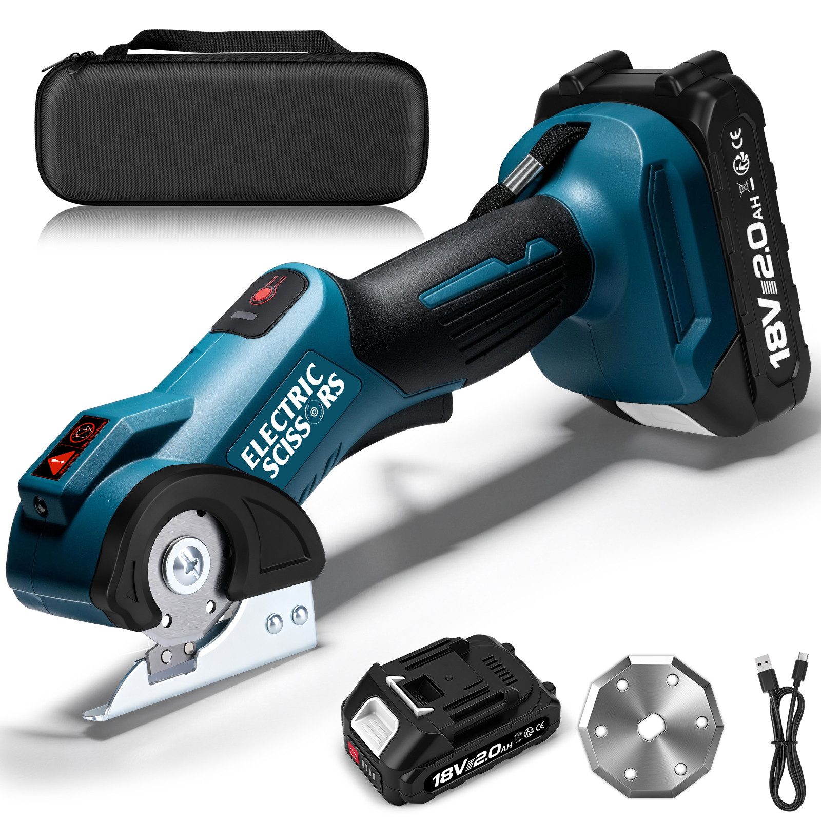 XERSEK Akku-Universalschere 18V Elektrische Schere mit 2,0Ah Akku, Kartonschneider Akkuschere, 18 V in V, 2 Klingen, 440U/min Motor, 9mm Schnitttiefe Kompatibel mit Makita-Akku, Multi-Cutter Rollschneider Nähschneider für Karton Leder Teppich Stoff