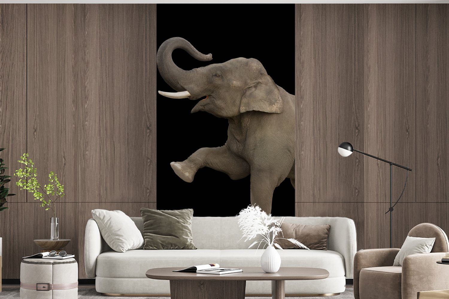 Porträt, Schwarz Schlafzimmer Vliestapete (2 MuchoWow bedruckt, Fototapete Elefant Tiere Fototapete Wohnzimmer Küche, - - für Matt, St), -