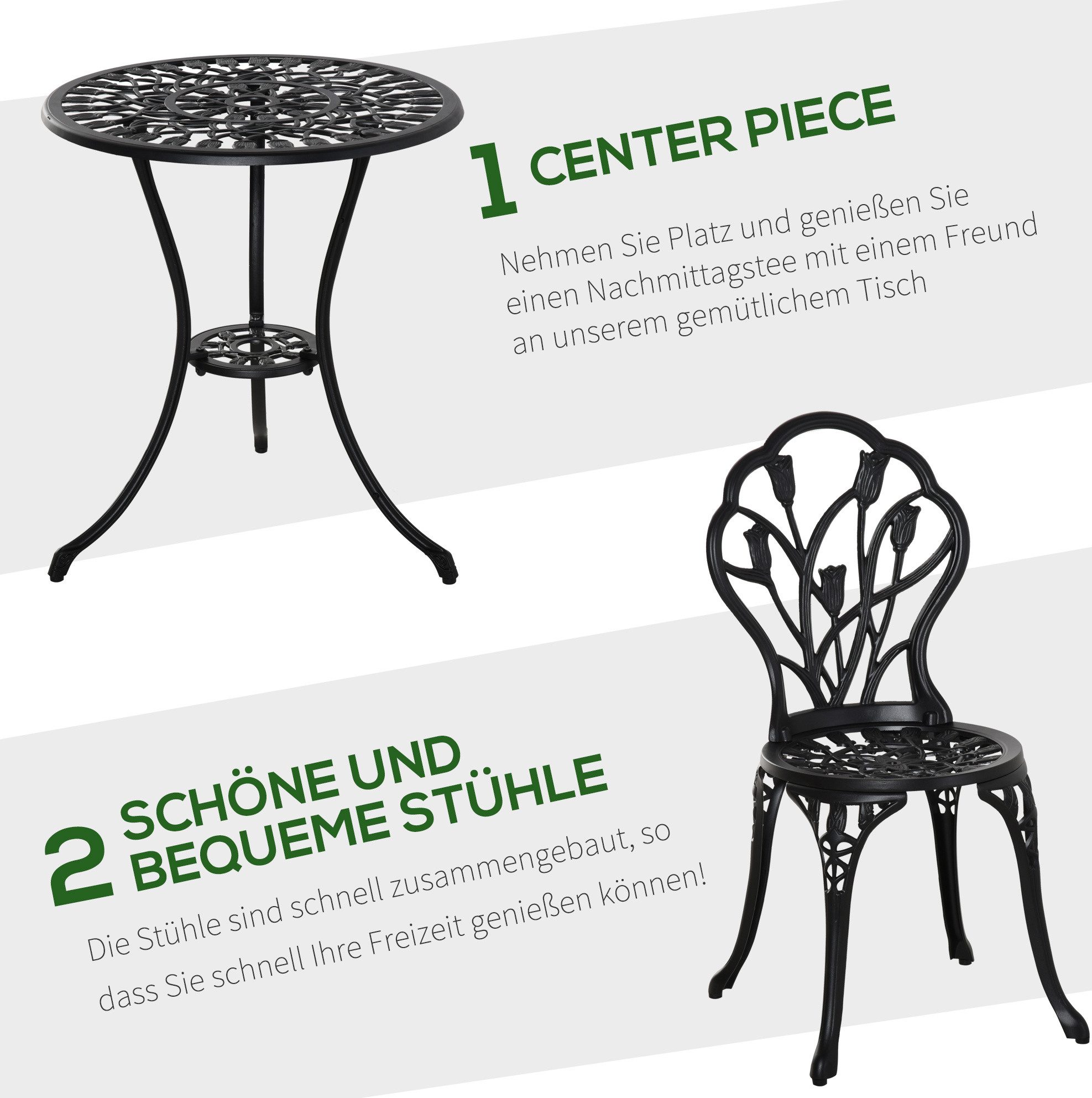 OKWISH Sitzgruppe 3-tlg. Ø60x67 cm aus Aluminium mit Tisch & 2 Stühlen, (Set, 3-tlg., Metall-Garnitur für den täglichen Gebrauch auf begrenzter Fläche), Essgruppe für Garten, Balkon & kleine Terrassen