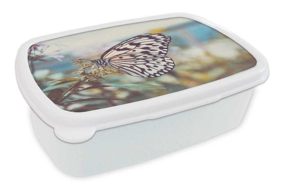 MuchoWow Lunchbox Schmetterling - Blumen - Frühling, Kunststoff, (2-tlg), Brotbox für Kinder und Erwachsene, Brotdose, für Jungs und Mädchen weiß