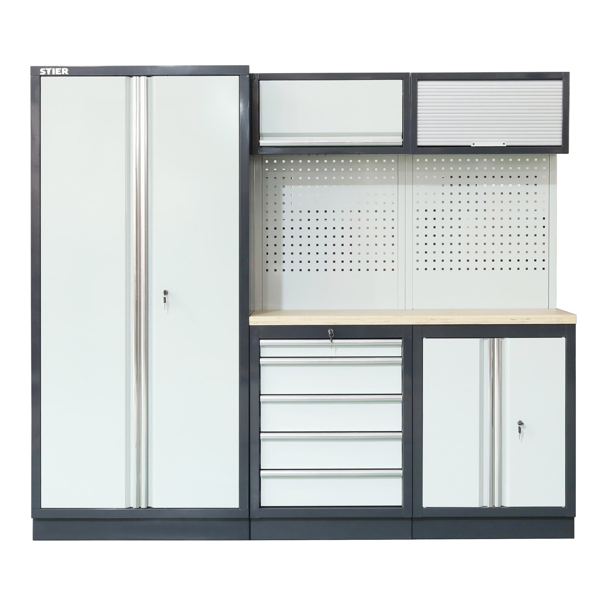 Stier Werkbank STIER Werkstatteinrichtung Basic 3-teilig mit Lochwand und Multiplex-A