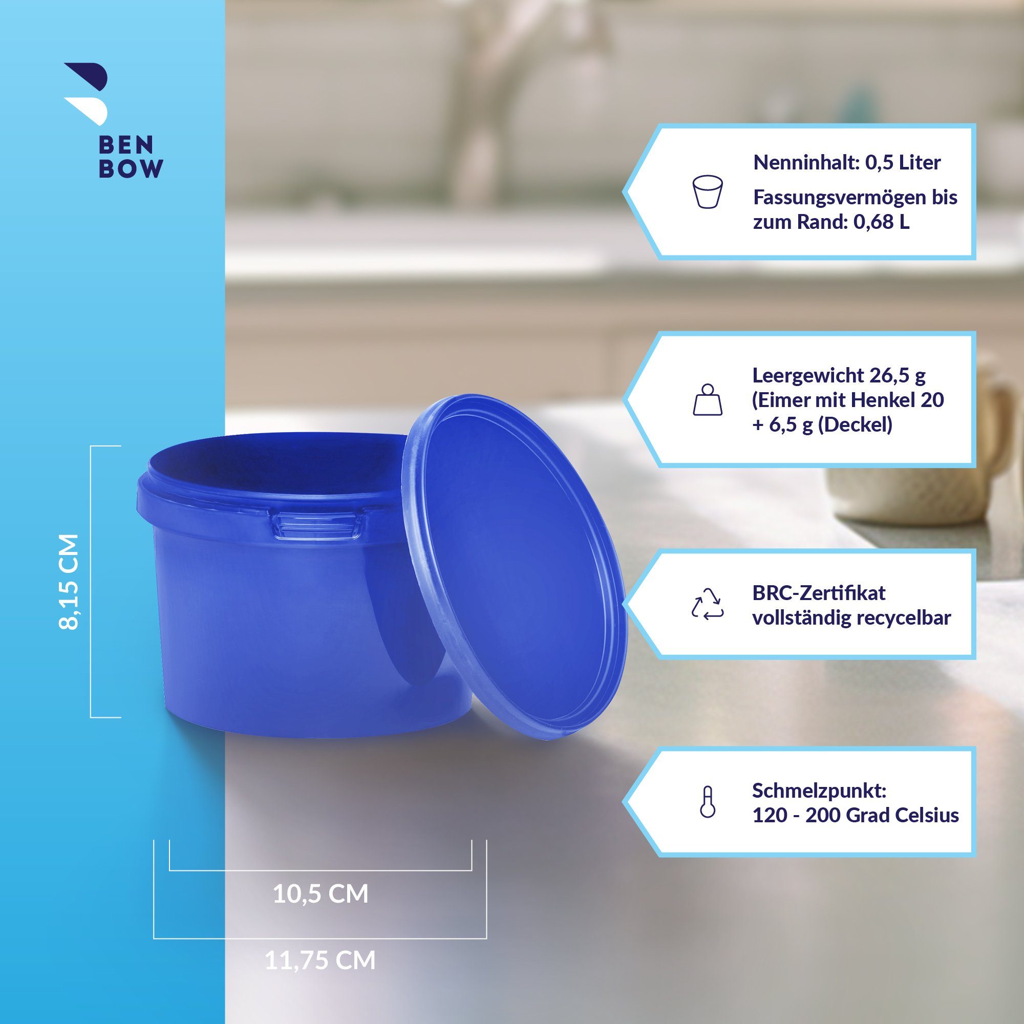 BENBOW Aufbewahrungssystem Eimer mit Deckel 30 20 10 1 0,5 L Blau Lebensmittelecht Eimer, Polypropylen - Lebensmittelecht, Geschmacksneutral, Auslaufsicher, (1-tlg., PZH-, BRC- und DIN-ISO-zertifiziert), für Lebensmittel, Farben, Chemikalien