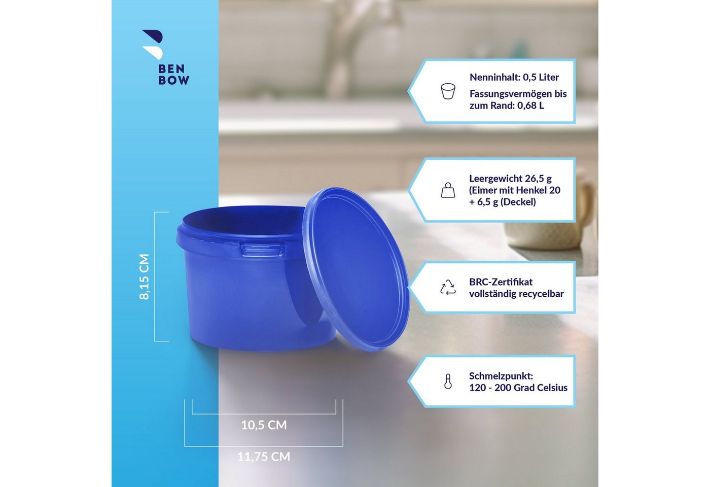 Thumbnail - BENBOW Putzeimer für Lebensmittel, Farben, Chemikalien, (Blau, 20-tlg., 0.5L)