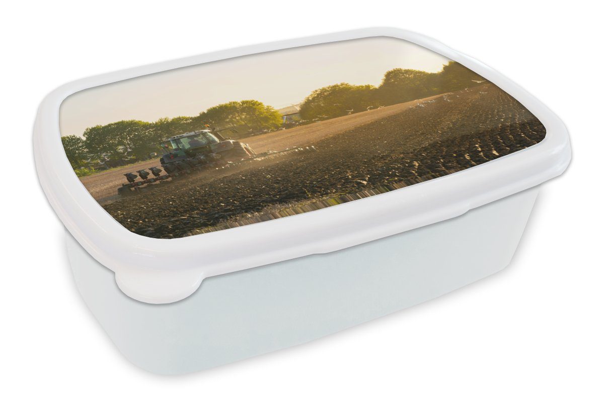 MuchoWow Lunchbox Traktor - Vogel - Land, Kunststoff, (2-tlg), Brotbox für Kinder und Erwachsene, Brotdose, für Jungs und Mädchen weiß