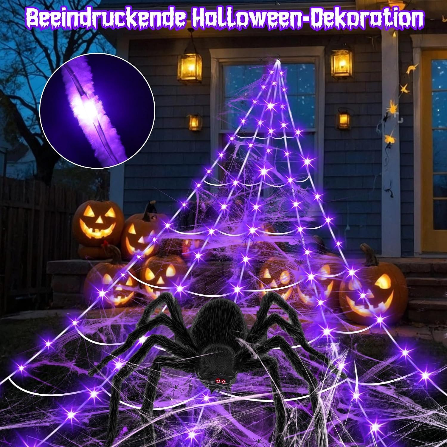 skelo Dekolicht 5M Spinnennetz Halloween Deko Außen, 150 LED mit Fernbedienung & Timer, Dekolicht Halloween, LED fest integriert, Lila Orange, Lila, Riesen Spin – Bild 5 von 5