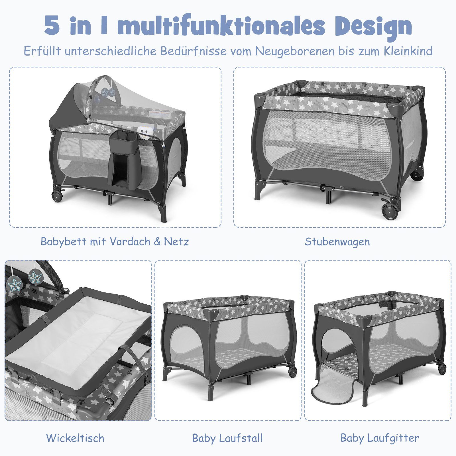COSTWAY Reisebett 5 in 1 Beistellbett mit Matratze & Spieluhr günstig online kaufen
