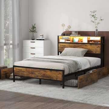 REDOM Metallbett mit Lattenrost und Kopfteil, LED-Bett mit USB-Ladeanschluss (140 x 200cm, Flachbett mit 4 Schubladen für Erwachsene und Junioren, Staufunktion), ohne Matratze