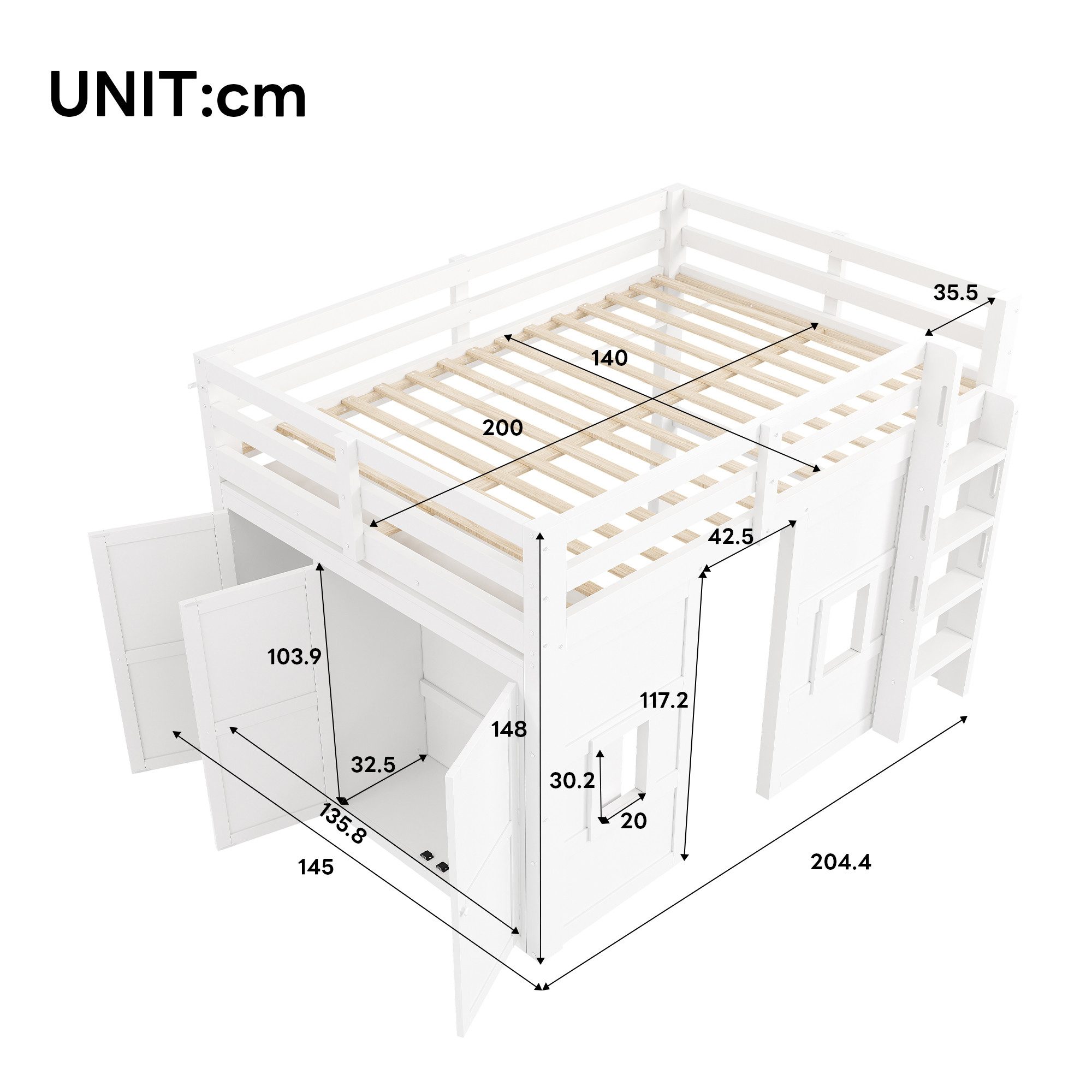 Merax Hochbett mit LED-Beleuchtung (1-St) Kiefernholz Kinderbett 140x200cm mit Kleiderschrank, 2 Fenstern,Leiter – Bild 5 von 5
