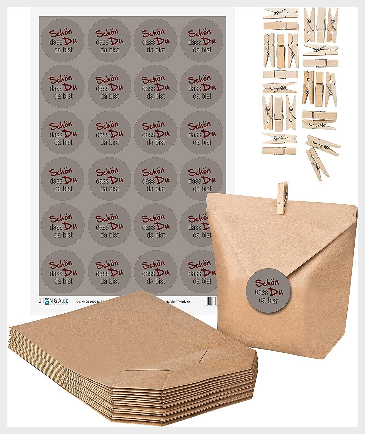 itenga Geschenkpapier SET Schön dass du da bist (Motiv6) 24x Geschenktüten + 24x MiniKlammer