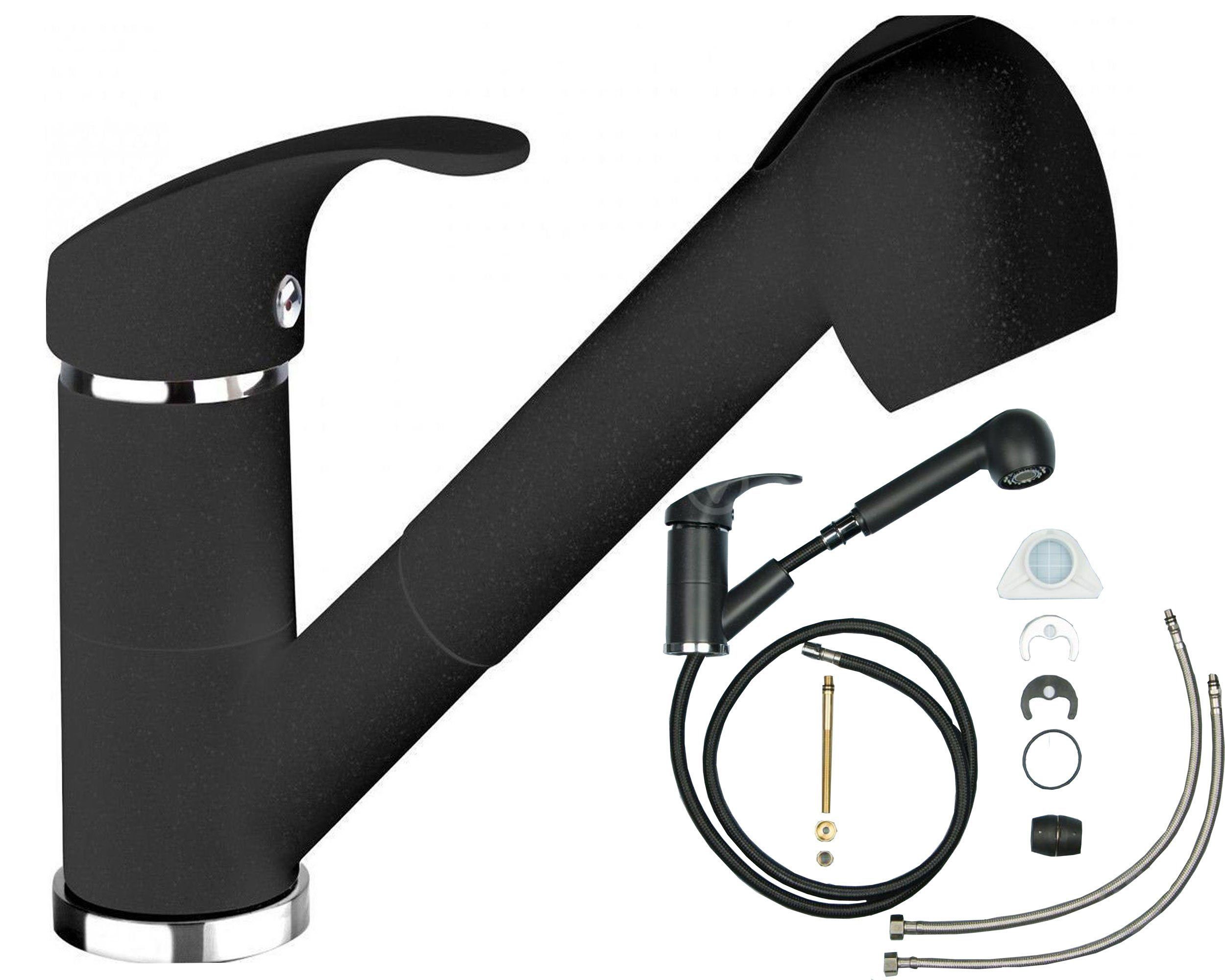 Küchenarmatur Schwarz Einhandmischer Aus Messing – Granit-Optik, 116 Mm Höhe, 2 Jahre Garantie