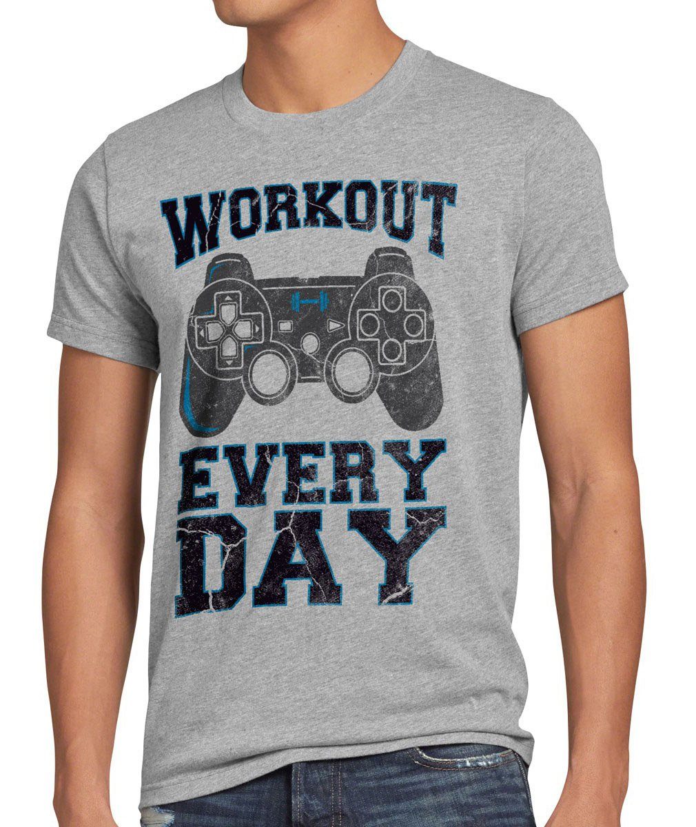 style3 Print-Shirt Herren T-Shirt Workout Gamer play sport station kontroller konsole gym game fun grau meliert