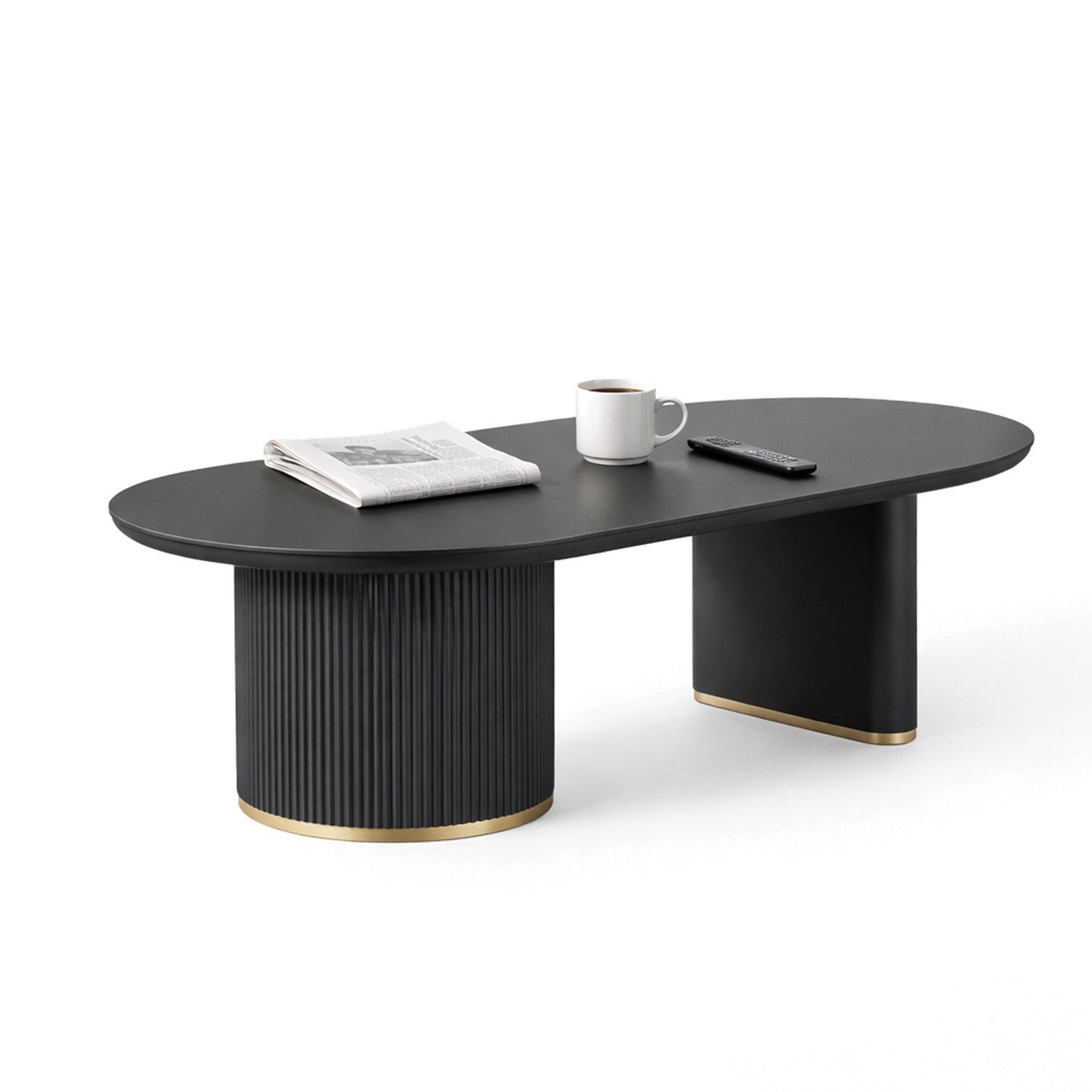HOOZ Wohnzimmertisch Couchtisch Modern Oval 130x70cm Schwarz – Tischplatte 4 cm stark (Einzelprodukt, 1-St., 1× Couchtisch), Tisch mit geriffeltem Gestell & silberfarbenem Ring am Sockel