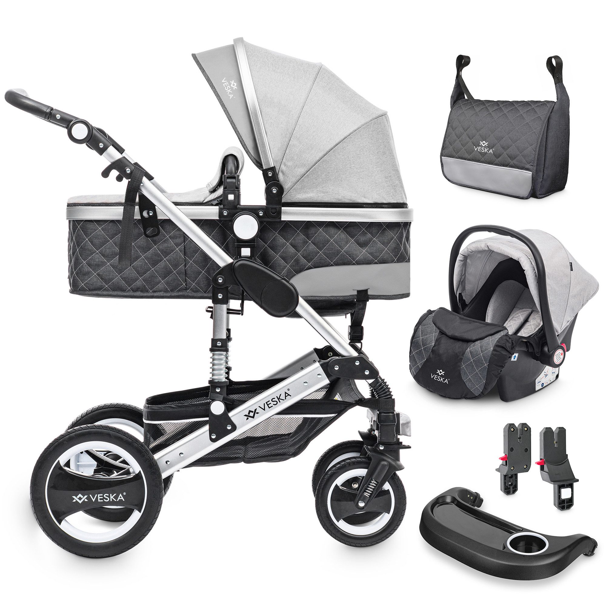 Kombi-Kinderwagen 3in1 inkl. Babyschale, Buggy, Jogger, mit Wickeltasche, Ess&Spieltisch