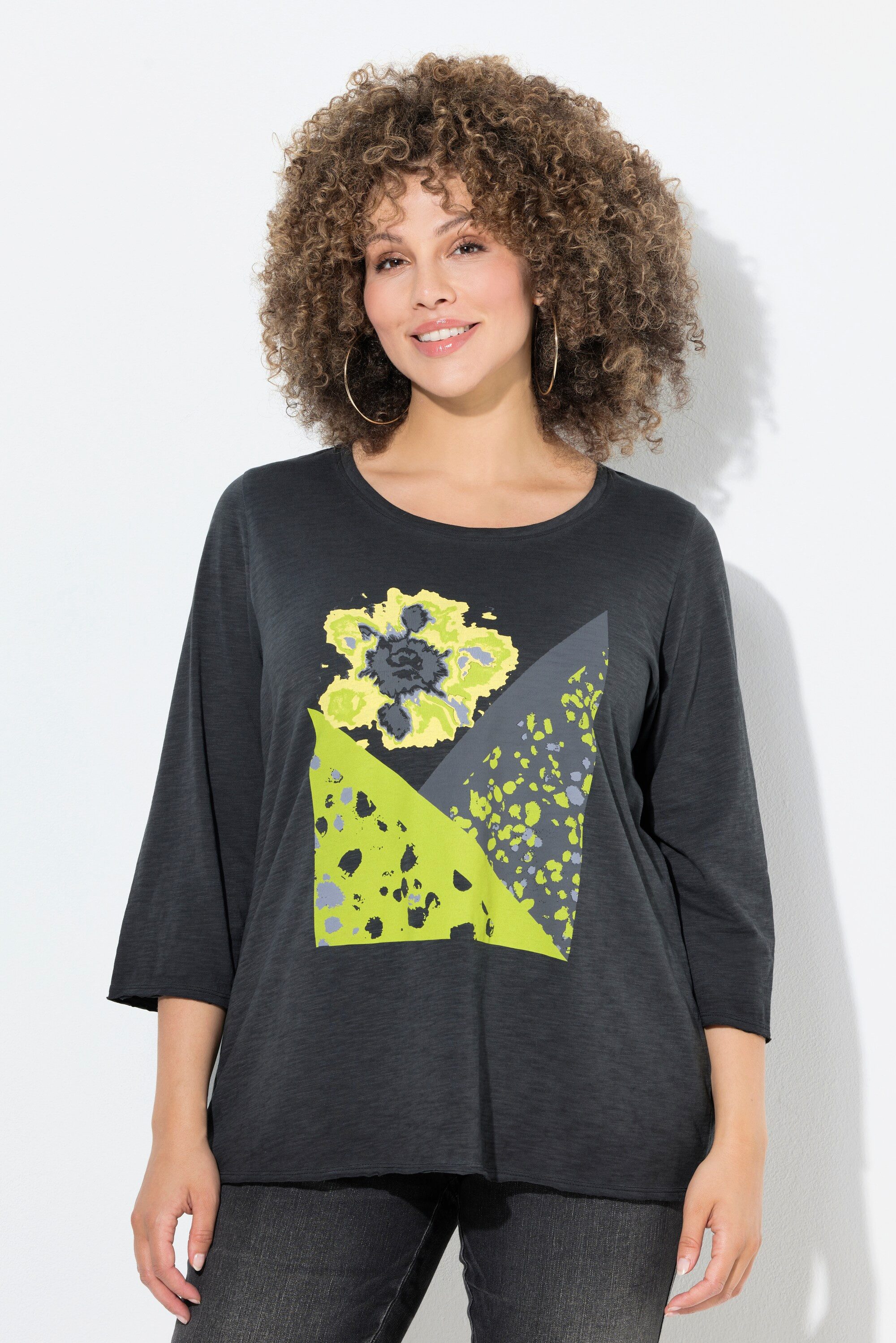 Ulla Popken T-Shirt Shirt Patchdruck Rundhals 3/4-Arm Rollkanten günstig online kaufen