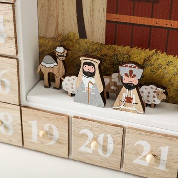 BRUBAKER befüllbarer Adventskalender Weihnachtskalender zum Befüllen - Bibelgeschichte mit LED Beleuchtung, Holz Kalender Weihnachten Krippe - 31,5 cm