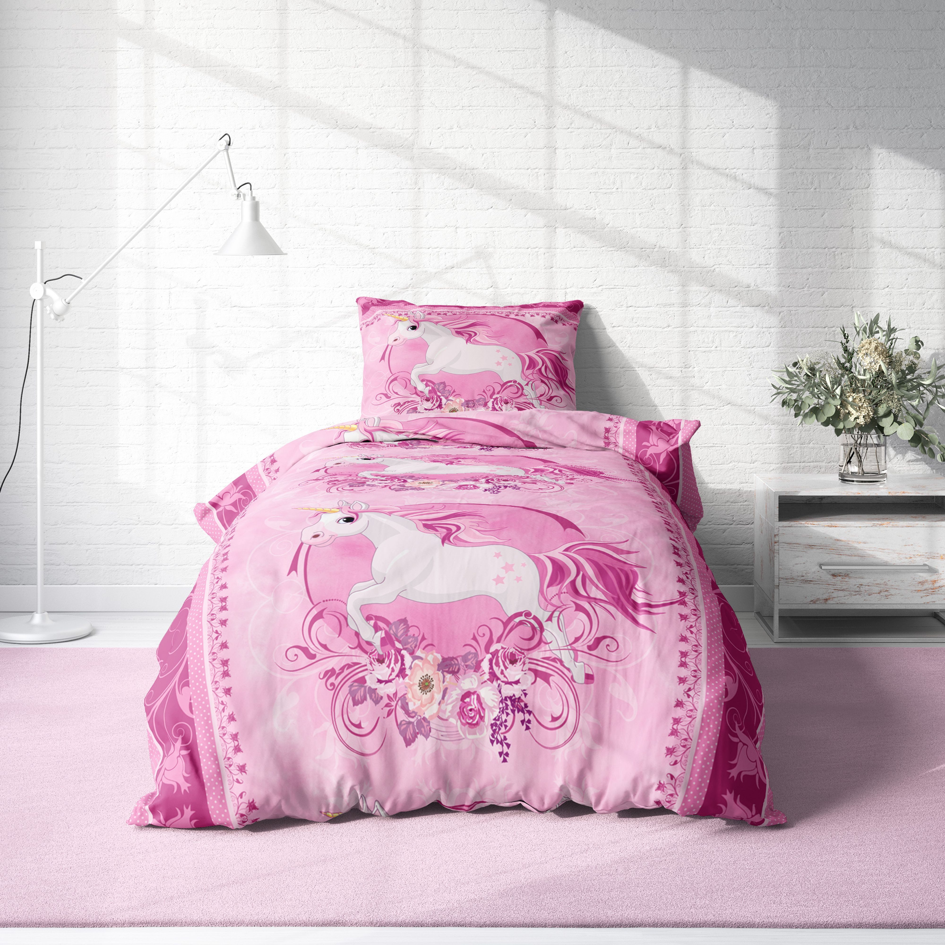 One Home Bettwäsche Motive, Mikrofaser, 4 teilig, Einhorn Pferde Unicorn Kinder, Knitterfrei Weich Sommer und Winter