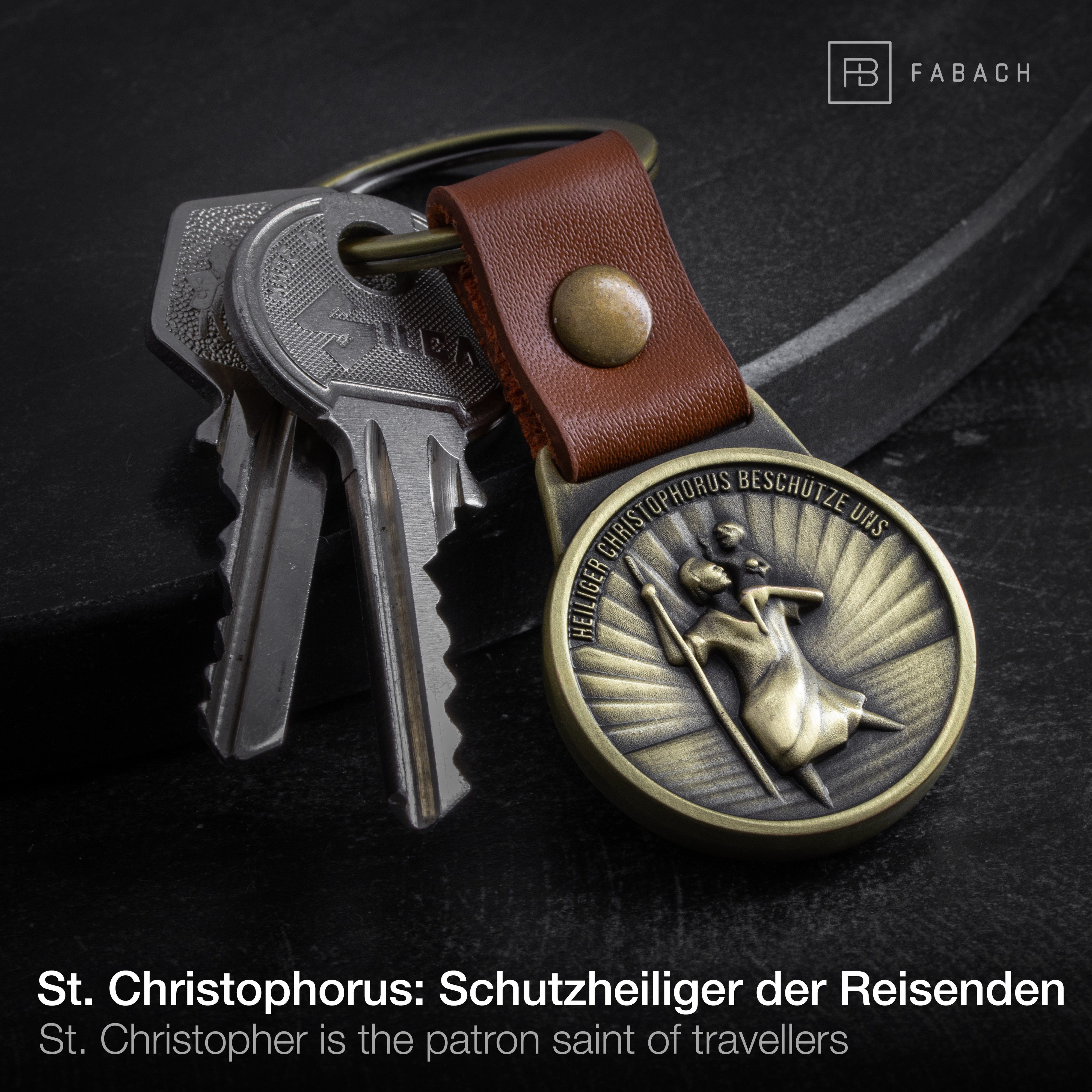 FABACH für und Lederband am Antique Reisende Autofahrer Schutzpatron Braunes Christophorus Leder Schlüsselanhänger - Bronze