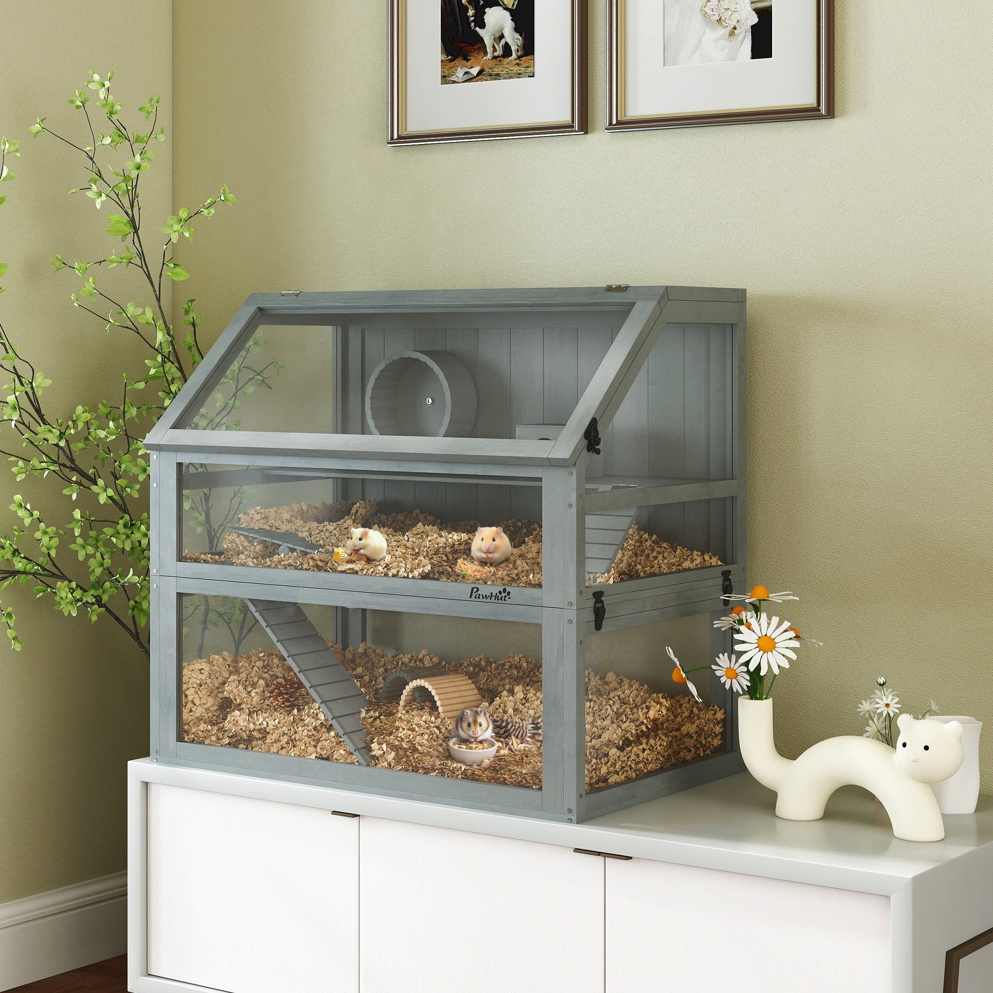 PawHut Kleintierkäfig 3 Etagen, 80x50x76cm, für Hamster, Zwerghamster, Hellgrau