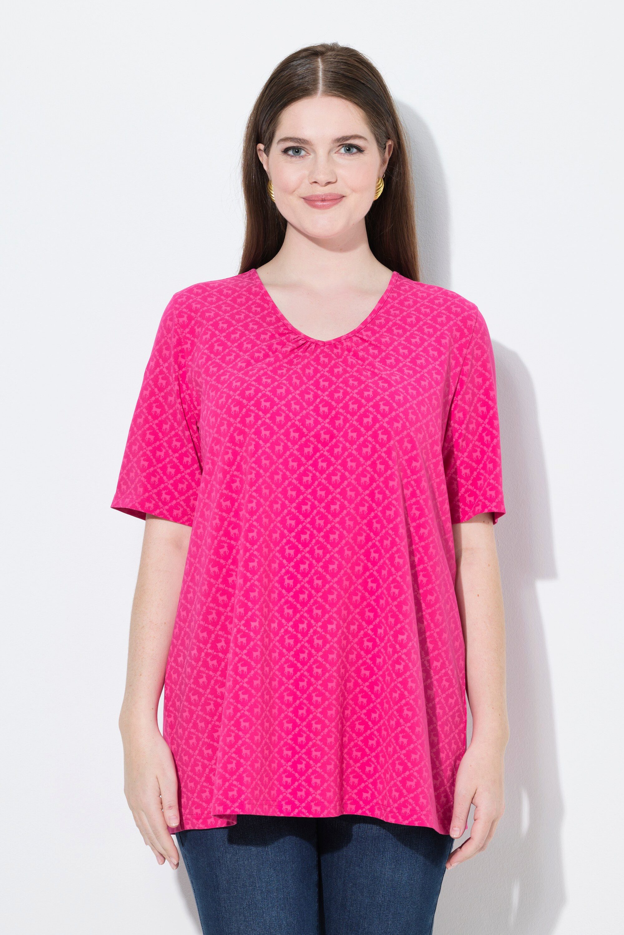 Ulla Popken T-Shirt T-Shirt Trachtenmuster A-Linie V-Ausschnitt