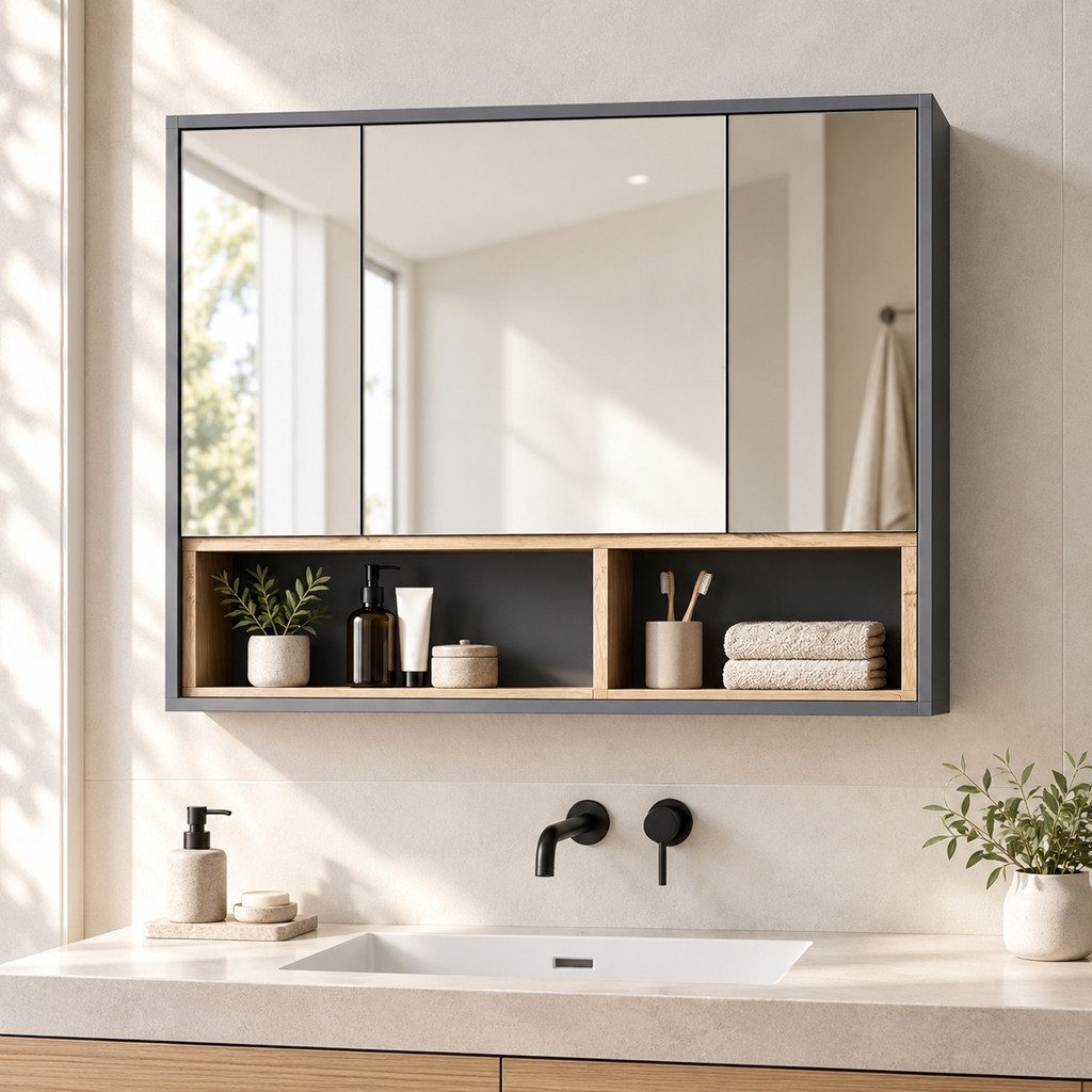 Simurq Spiegelschrank Badezimmerspiegelschrank Bad Spiegelschrank mit stauraum (Packung, Spiegelschrank mit 3 Türen) Badezimmerschrank für Badezimmer und Flur, 80x20x60 cm
