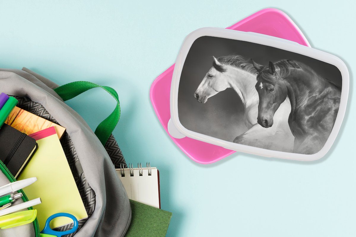 Brotbox - rosa (2-tlg), Pferde Kunststoff Kunststoff, Brotdose - Weiß MuchoWow Kinder, Tiere Mädchen, - für Erwachsene, - Lunchbox Porträt, Snackbox, Schwarz