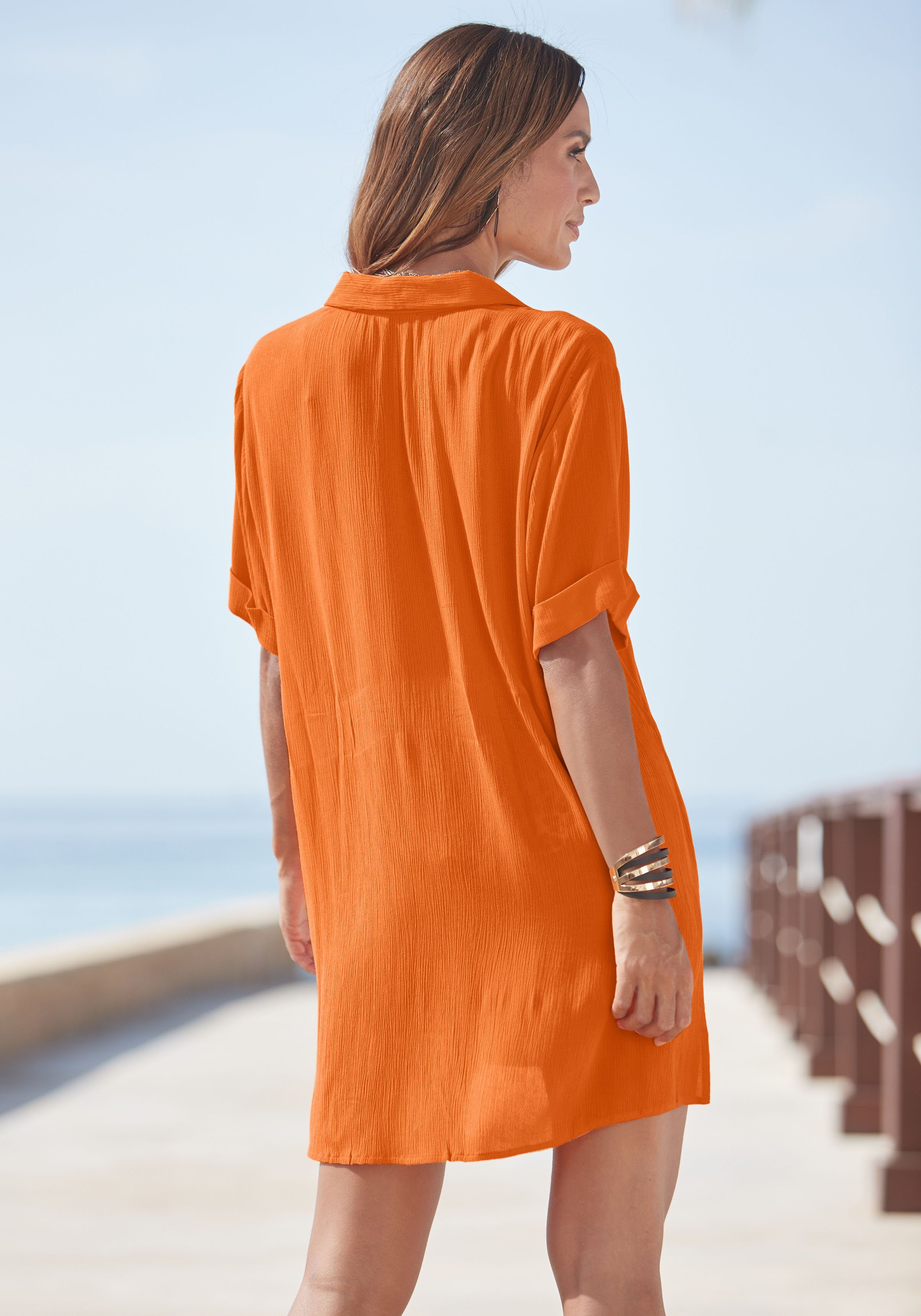 mit sommerlich Blusenkleid, orange LASCANA Longbluse Kurzarmbluse, Knopfleiste,