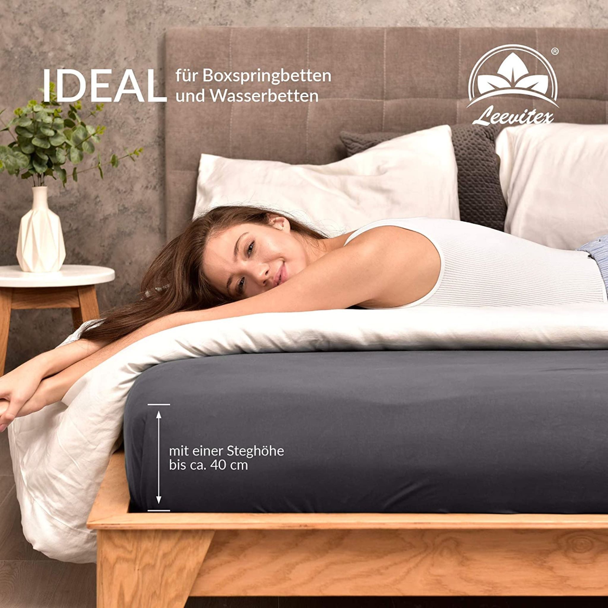 leevitex® Spannbettlaken 180x200 - 200x220 cm, 40 cm Steghöhe, Stoffdicke 150 g/m², Jersey, Gummizug: rundum, (1 Stück), OEKO-TEX® Standard 100 Zertifikatsnumme – Bild 4 von 5