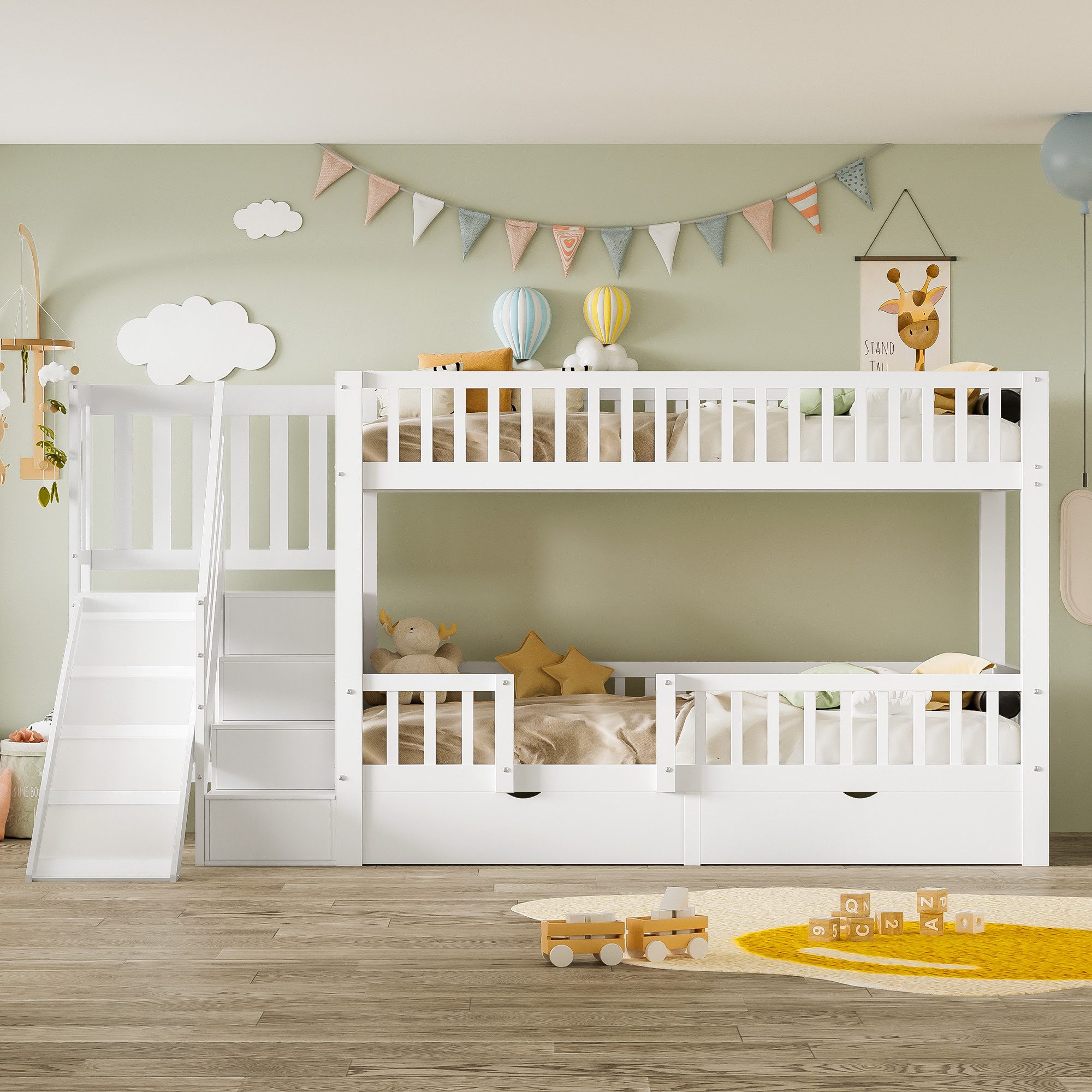 Flieks Etagenbett, Kinderbett Etagenbett mit 2 Schubladen, Rutsche und Trep günstig online kaufen