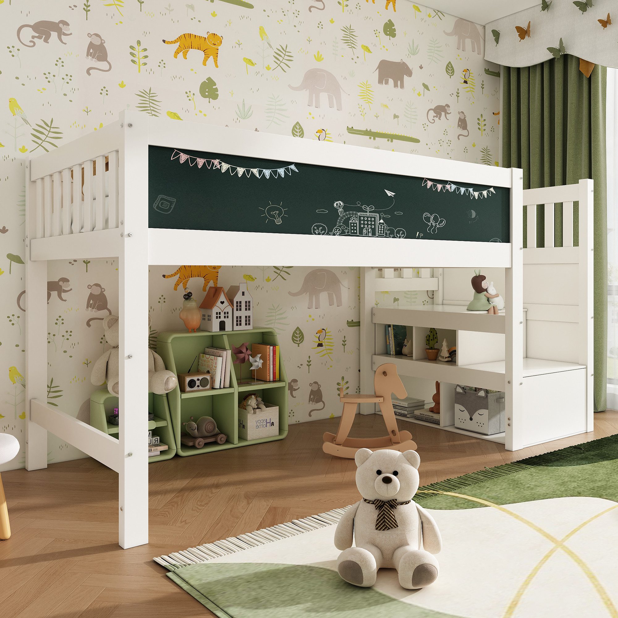 Odikalo Kinderbett Hochbett Bettgestell 90x200 mit Lattenrost (Kinderbett Hochbett mit Whiteboard&Tafel,Speicherung und Rausfallschutz 90 x 200 cm, Weiss Hochbett für Kinder – Lattenrost - Weiß (Ohne Matratze)