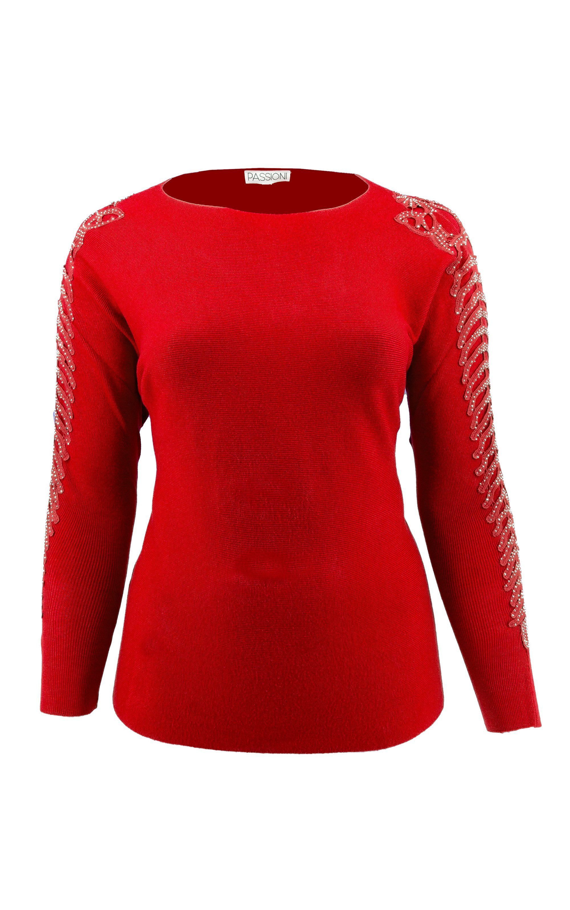 Strickpullover mit offenen gerippten Ärmeln und Glitzersteinen