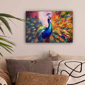 OneMillionCanvasses® Leinwandbild Pfau - Tiere - Malerei - Regenbogen, (1 St), Wandbild Leinwandbilder, Aufhängefertig, Wanddeko, 30x20 cm