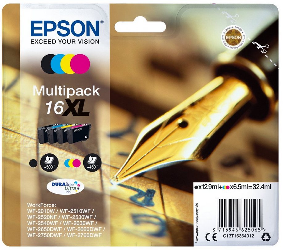 Epson 16XL Tintenpatrone (Spar-Set, original Druckerpatrone 16 schwarz/cyan/ magenta/gelb 1636 XL)