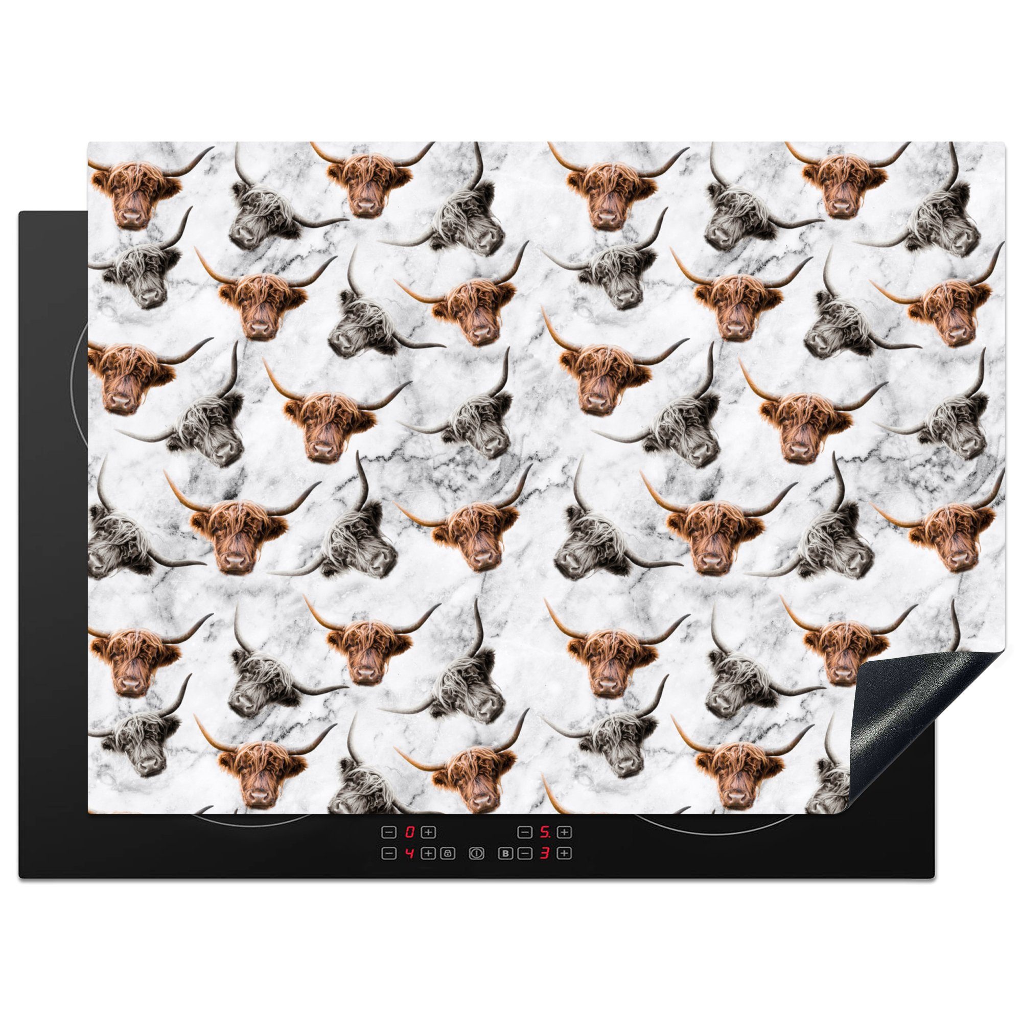 MuchoWow Herdblende-/Abdeckplatte Schottischer Highlander - Marmor - Tiere, Vinyl, (1 tlg), 71x52 cm, Induktionskochfeld Schutz für die küche, Ceranfeldabdeckung