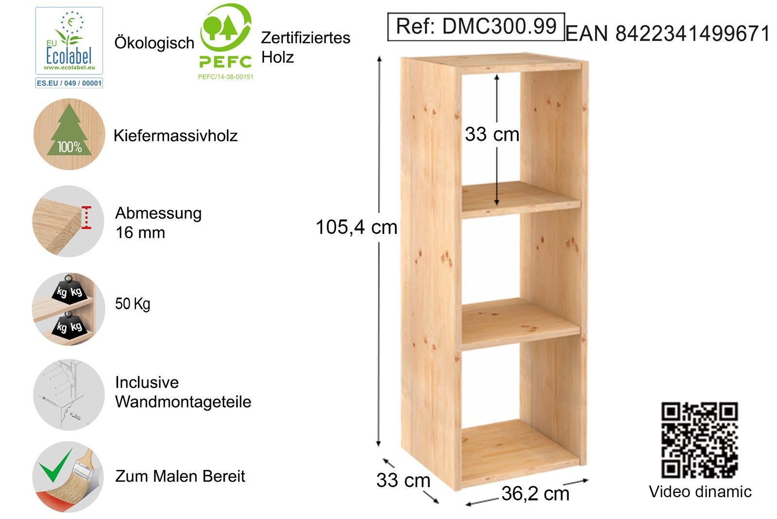 Astigarraga Kit Line Standregal Dinamic Würfel Holzregal Schrankmodul, Kiefernholz, modular kombinierbar, 3x1 Fächer (33x36,2x105,4cm)