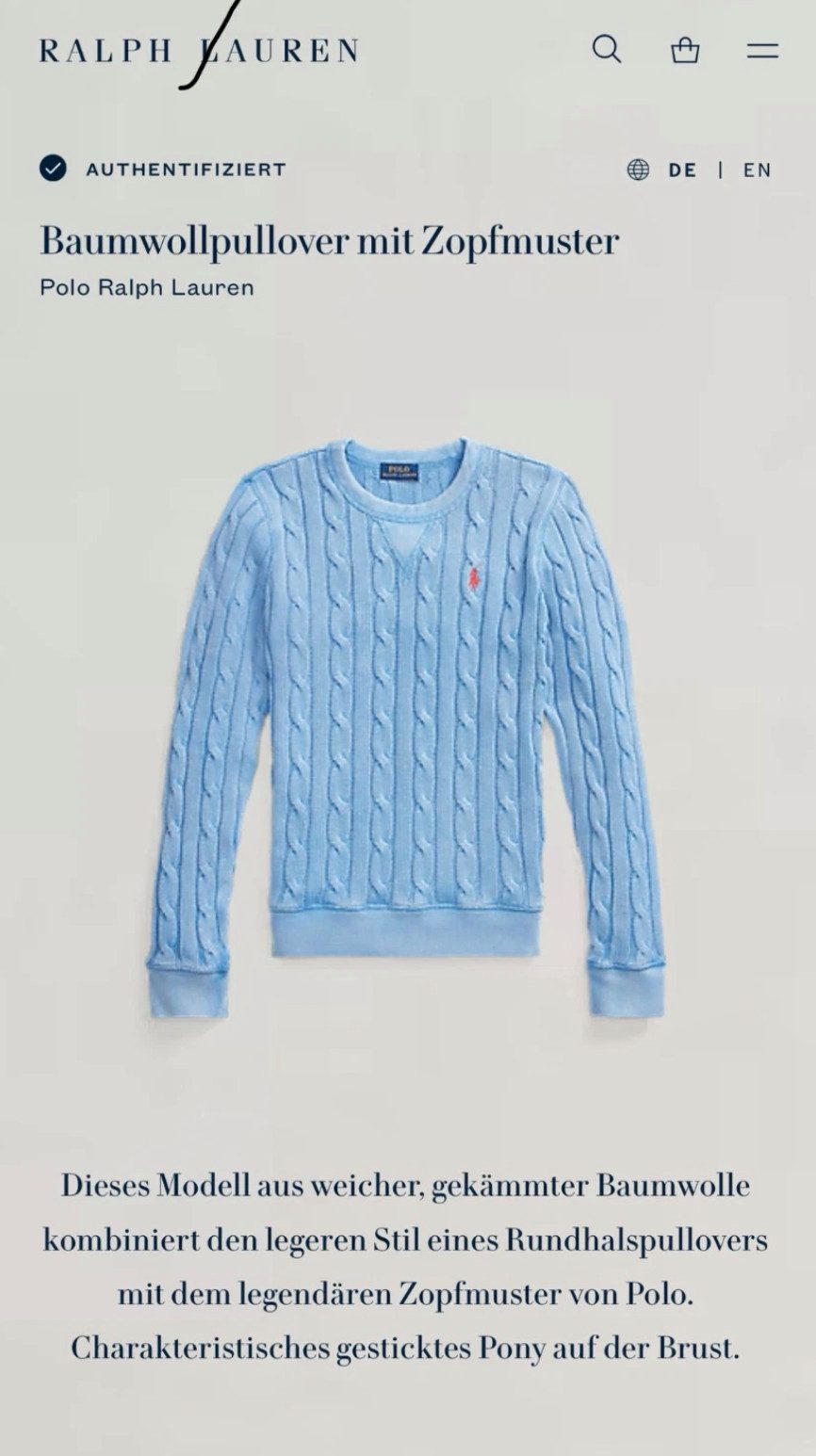 Polo Ralph Lauren Strickpullover Zopfmuster Pullover Slim Fit sofortige Authentifizierung über einen QR-Code