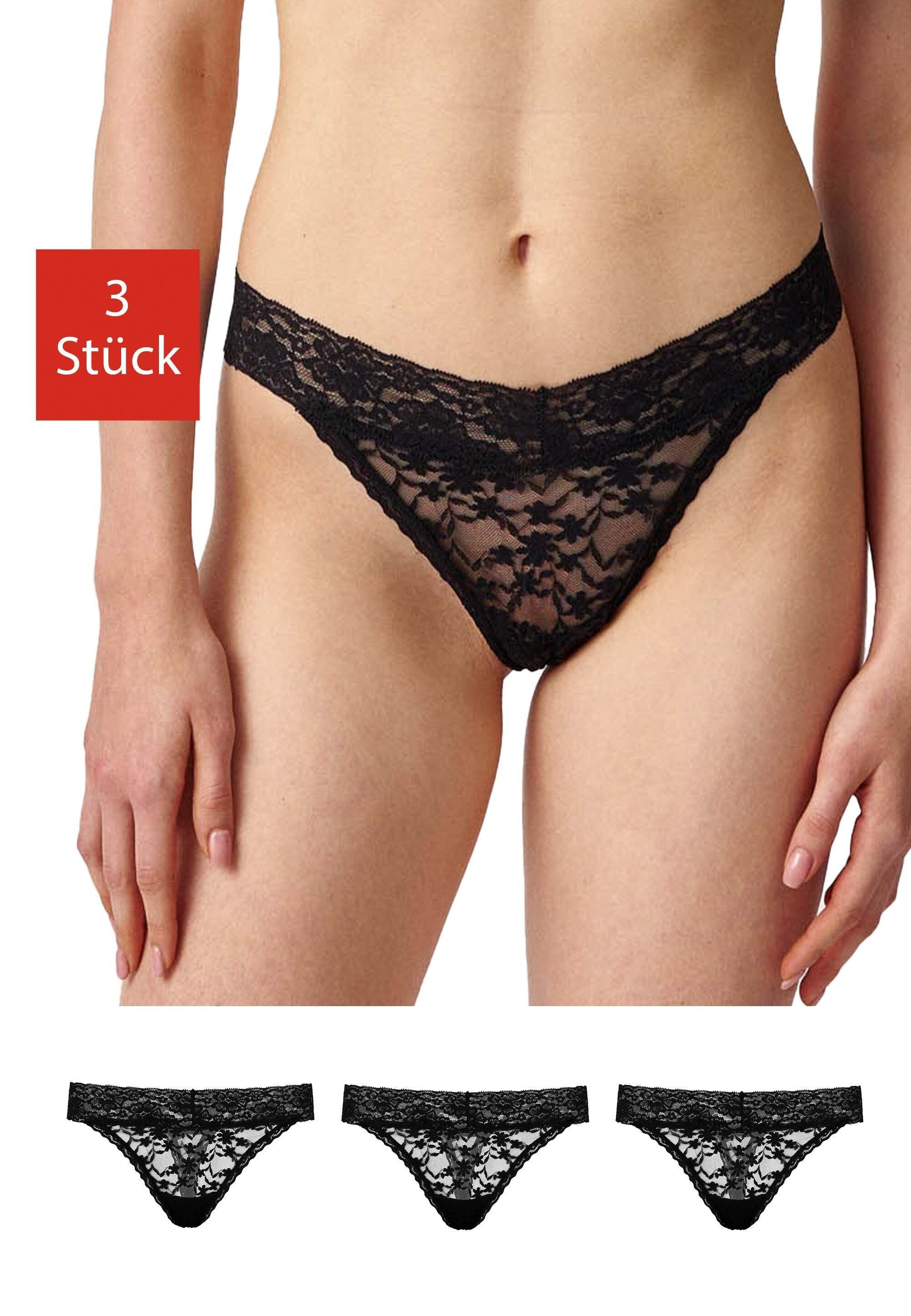SNOCKS Tanga Unterwäsche Damen String Unterhosen Tanga (3-St) vollständig aus Spitze, Zwickel aus 100% Bio-Baumwolle Schwarz