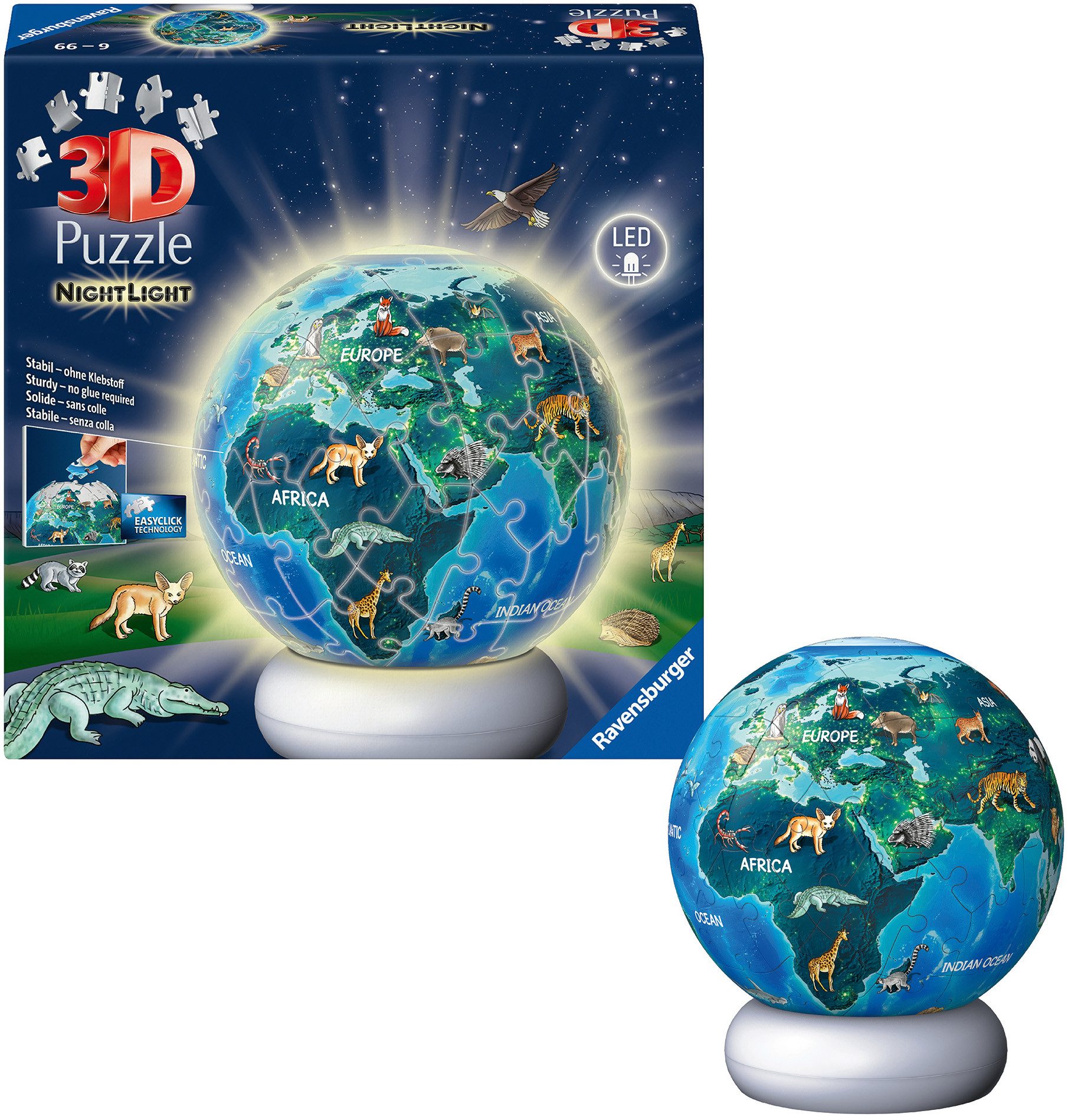 Ravensburger Puzzleball Nachtlicht Erde mit Tiermotiven, 72 Puzzleteile, beleuchtet