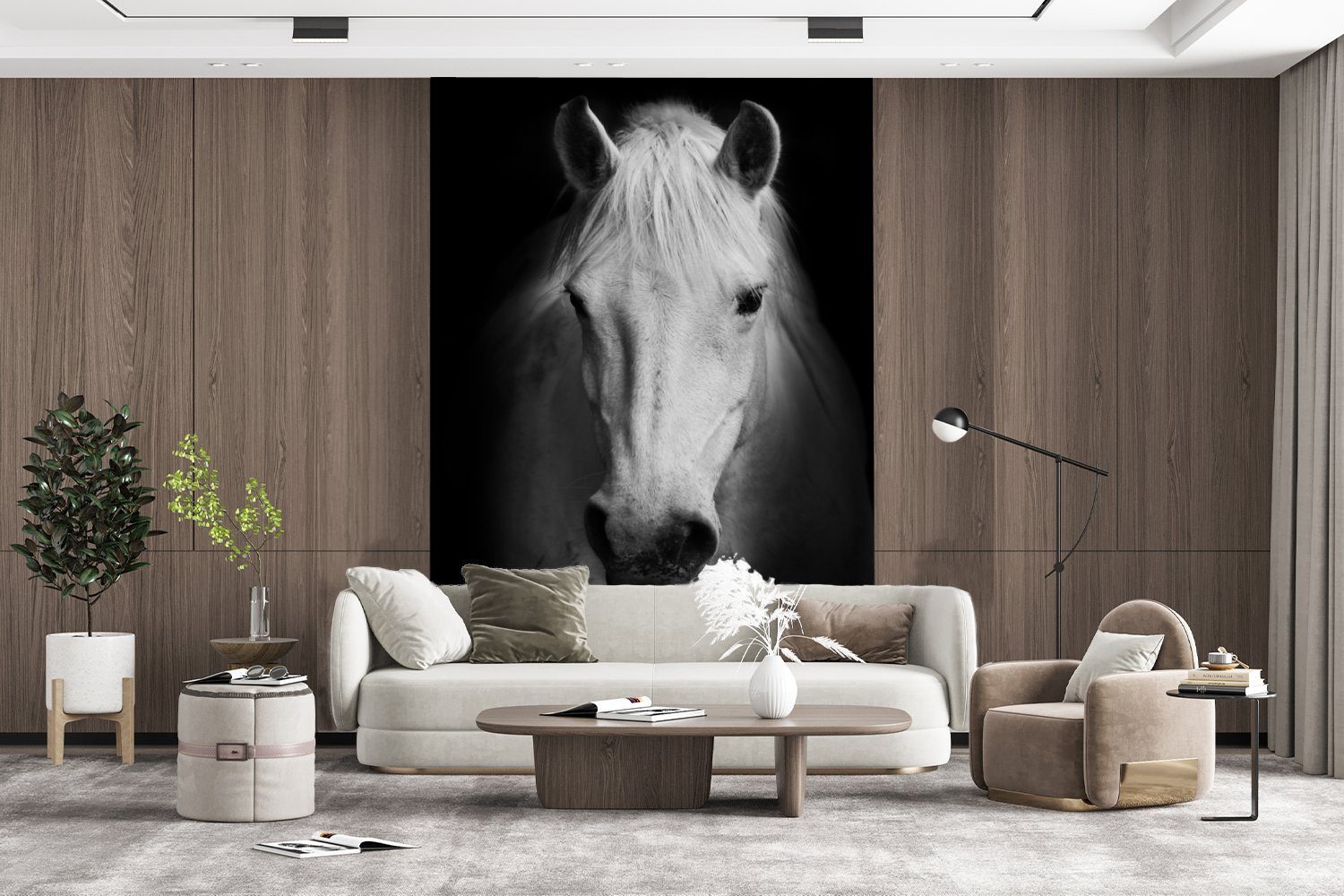 MuchoWow Fototapete Montagefertig Wohnzimmer, bedruckt, Porträt für Vinyl (3 Weiß, - Tapete - - Matt, St), Wandtapete Schwarz Pferd