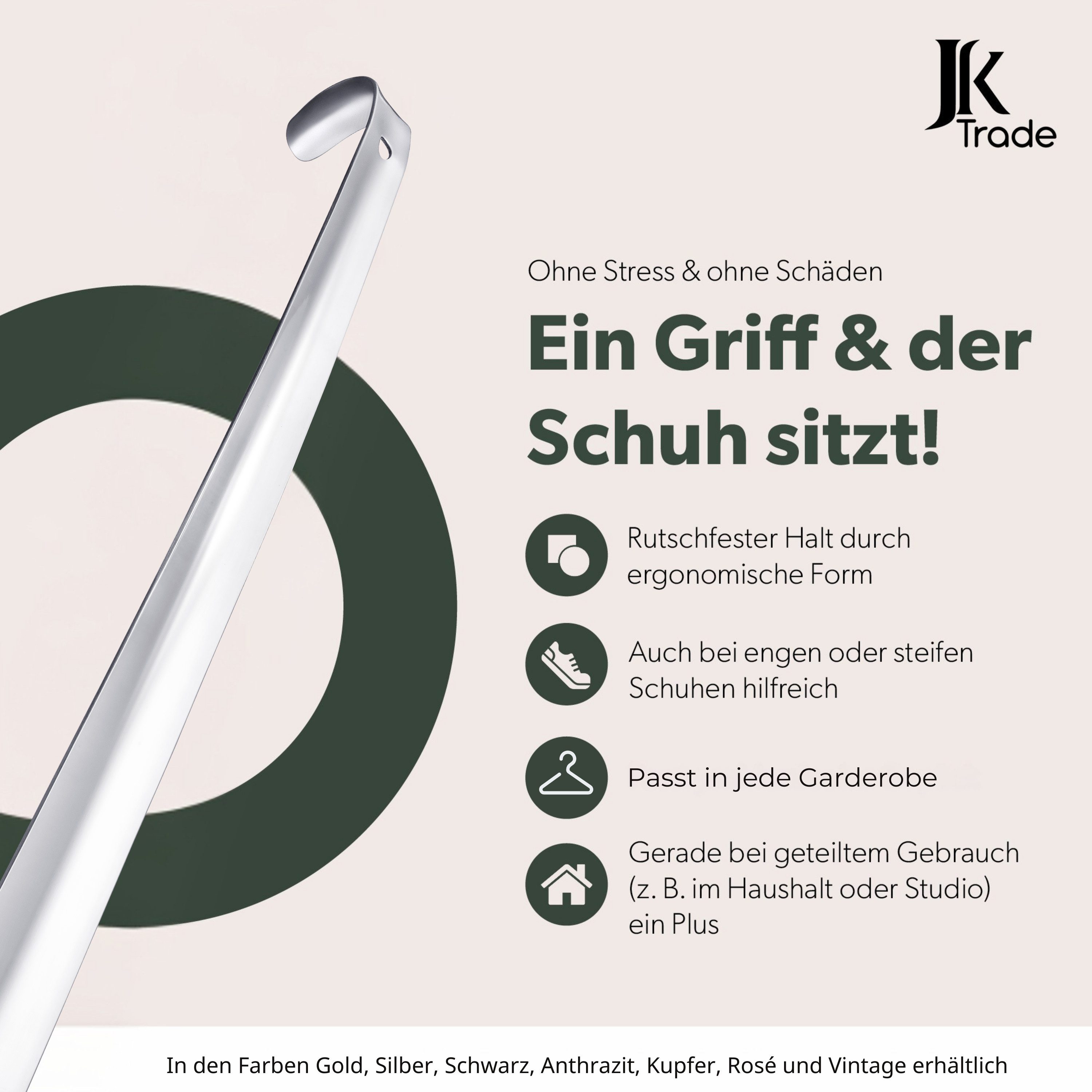 JK Trade Schuhlöffel 62cm Edelstahl poliert (1-tlg., extra lang & stabil), Metall Schuhanzieher lang zum Stehen, Aufhängbar, 2mm Extra Stabil