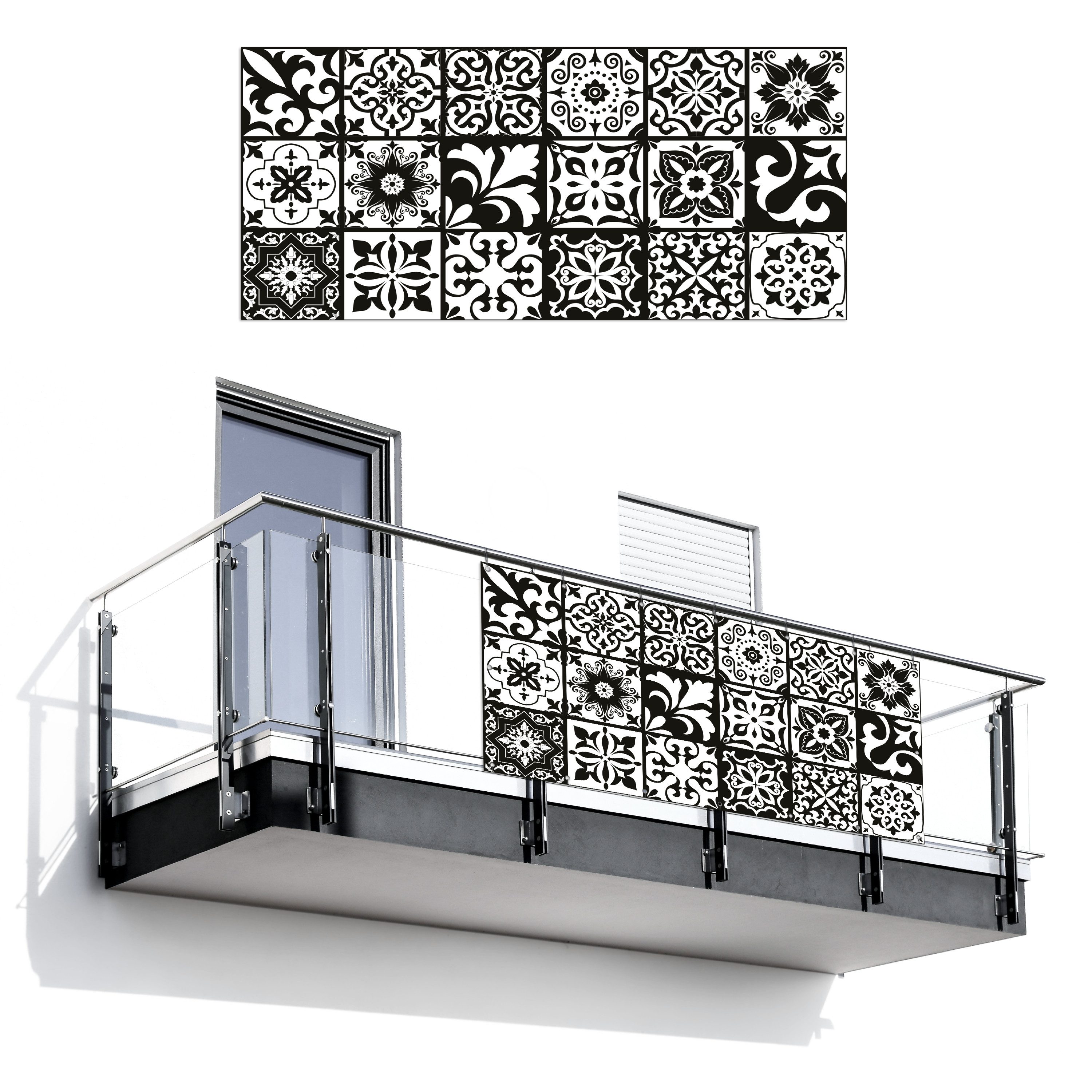 MuchoWow Balkonsichtschutz Muster - Schwarz - Weiß - Blumen - Abstrakt (1-St) Balkon Sichtschutz 90x200, Windschutz für Zaun PVC, 200x90 cm