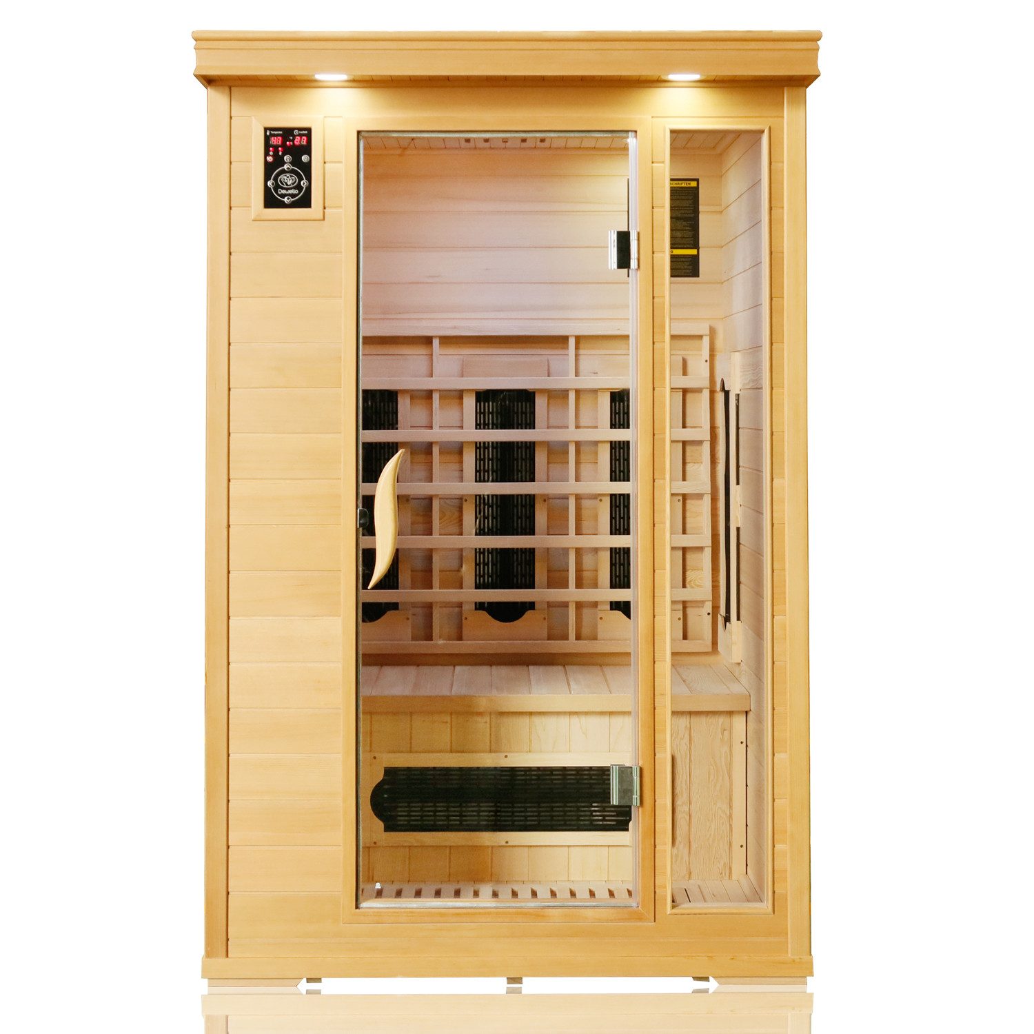 Dewello Infrarotkabine WINDSOR 120 Wärmekabine, für bis zu 1 Personen, 5 Keramikstrahler, BxTxH: 100 x 120 x 190 cm, (Farblichttherapie, Ionisator mit Ozondesinfektion und Aromatherapie, Multimedia und zusätzlich USB-Anschluss & Bluetooth möglich) Sauna aus Hemlock-Tannenholz, leichter Aufbau dank Stecksystem