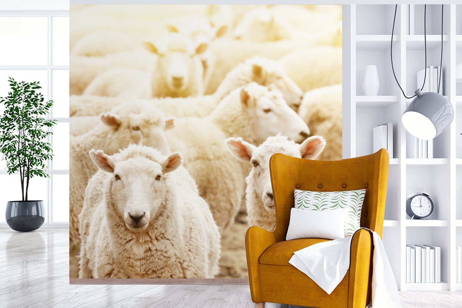 bedruckt, (5 St), MuchoWow Wohnzimmer Tapete Weiß, Wolle Schafe Fototapete oder Wandtapete - für - Matt, Vinyl Schlafzimmer,