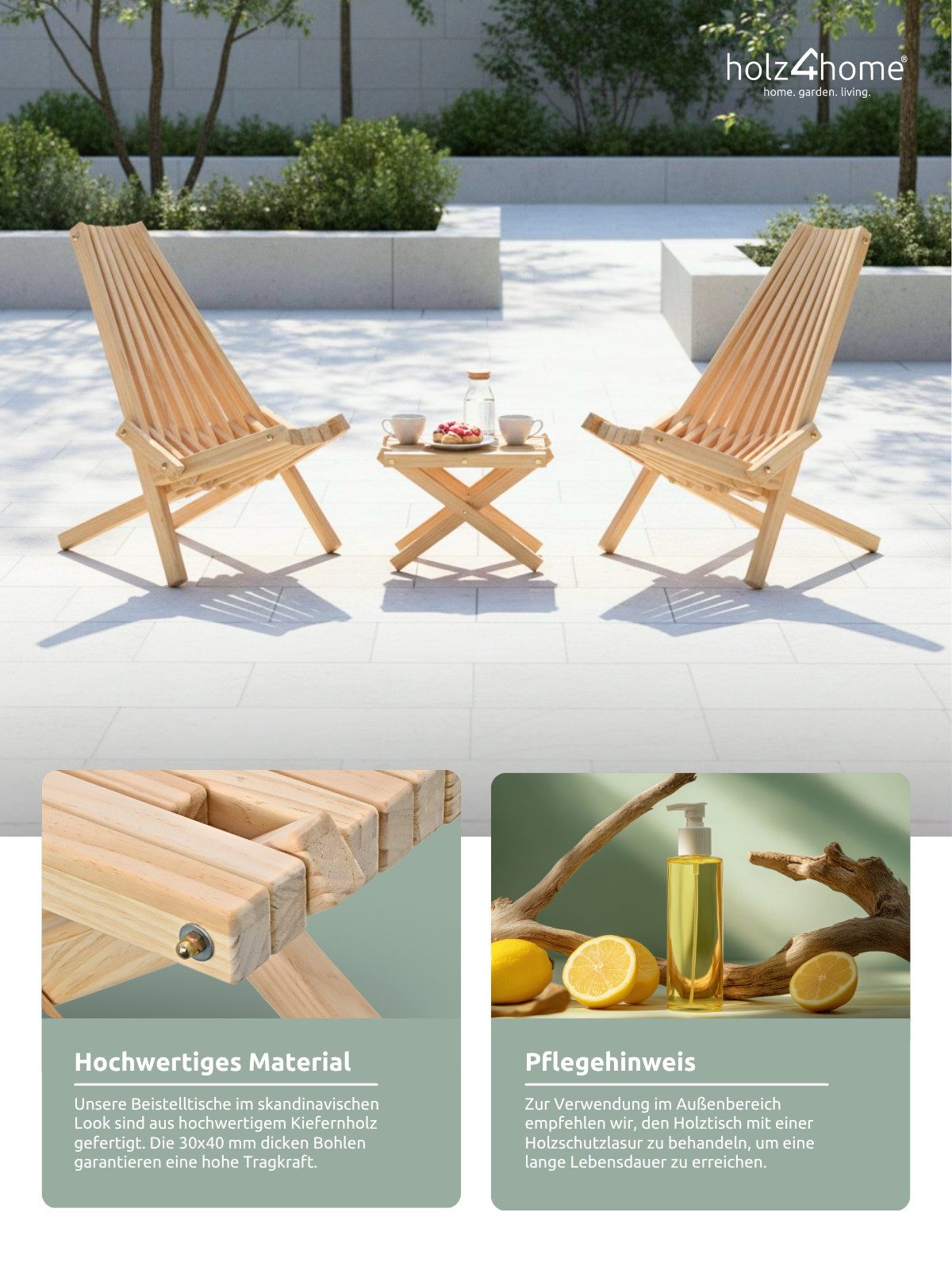 holz4home® Sitzgruppe Skandinavisches Liegestuhl Set aus Kiefernholz für Terrasse & Lounge, Geripptes Design