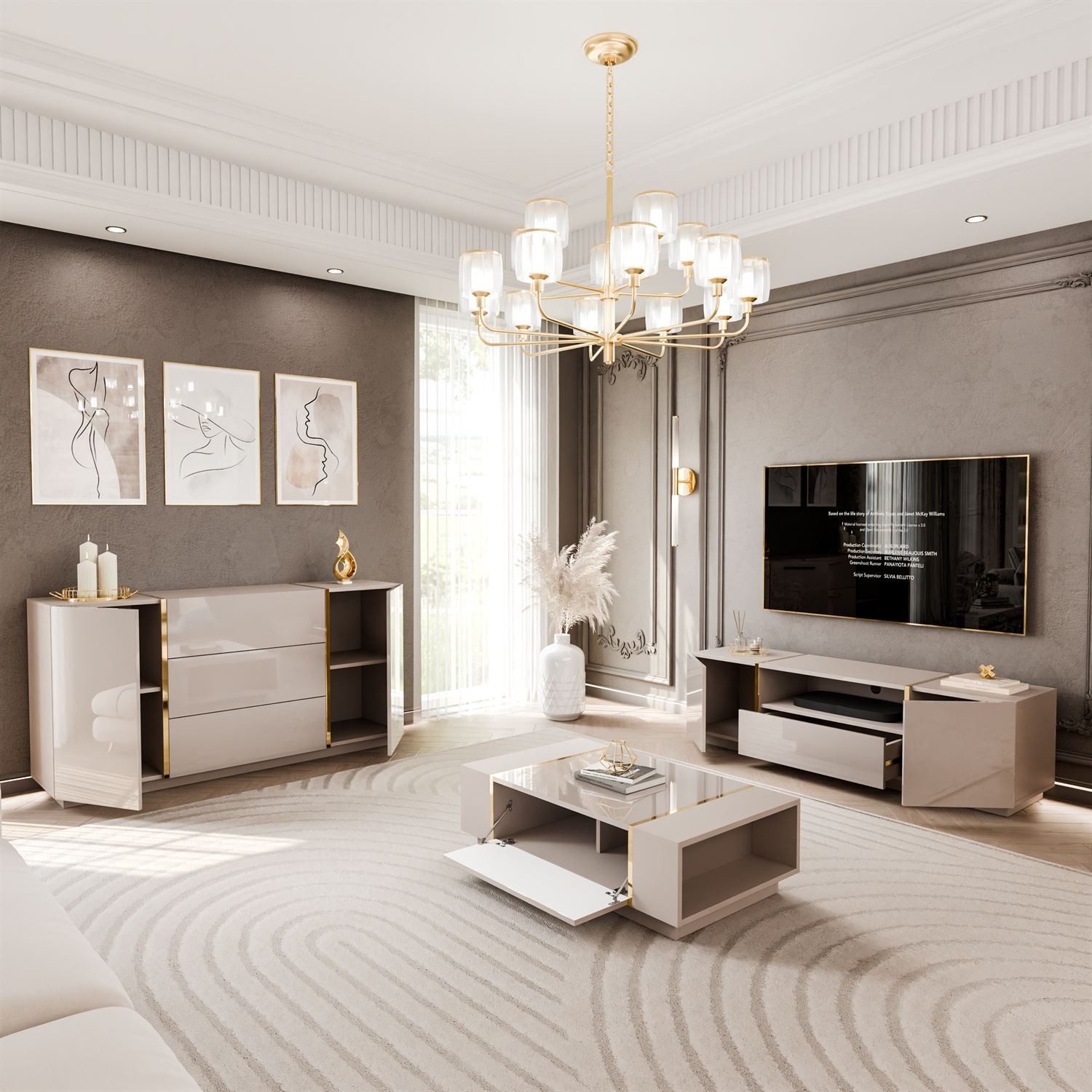 ALLHOUSE24 Wohnzimmer-Set DIAMANT Kaschmir Hochglanz GOLD Metallfüßen Wohnz günstig online kaufen